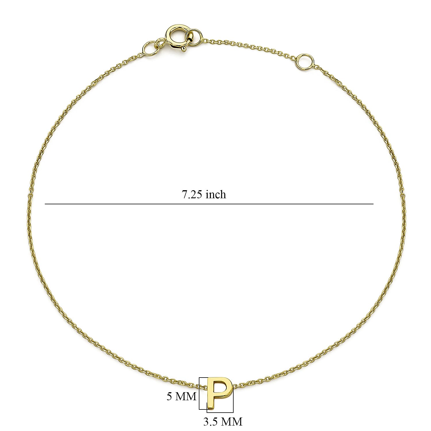 9K Yellow Gold 3.5mm X 5mm 'P' Initial Adjustable Bracelet 6 to 7.2 Inch