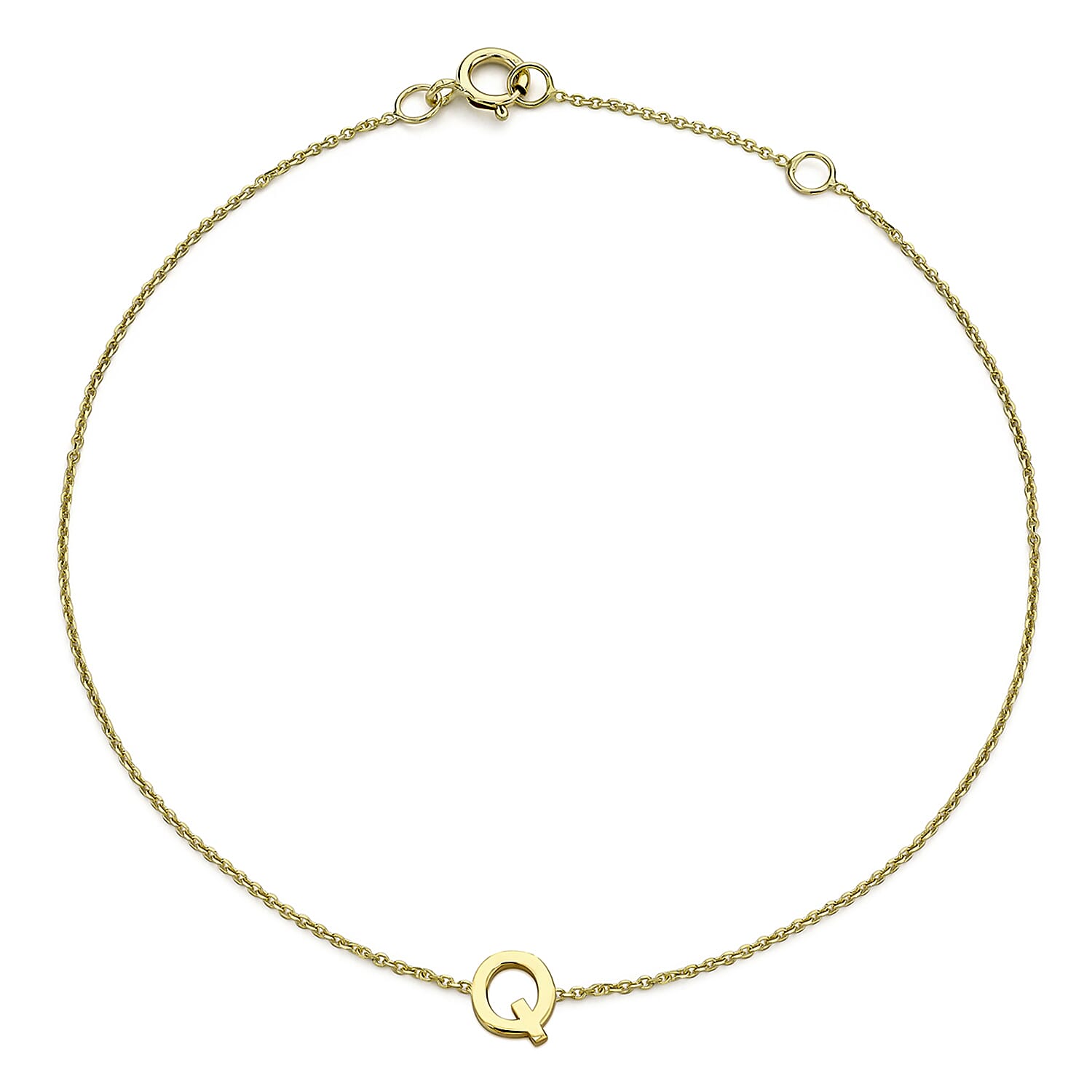 9K Yellow Gold 4.5mm X 5.5mm 'Q' Initial Adjustable Bracelet 6 to 7.2 Inch