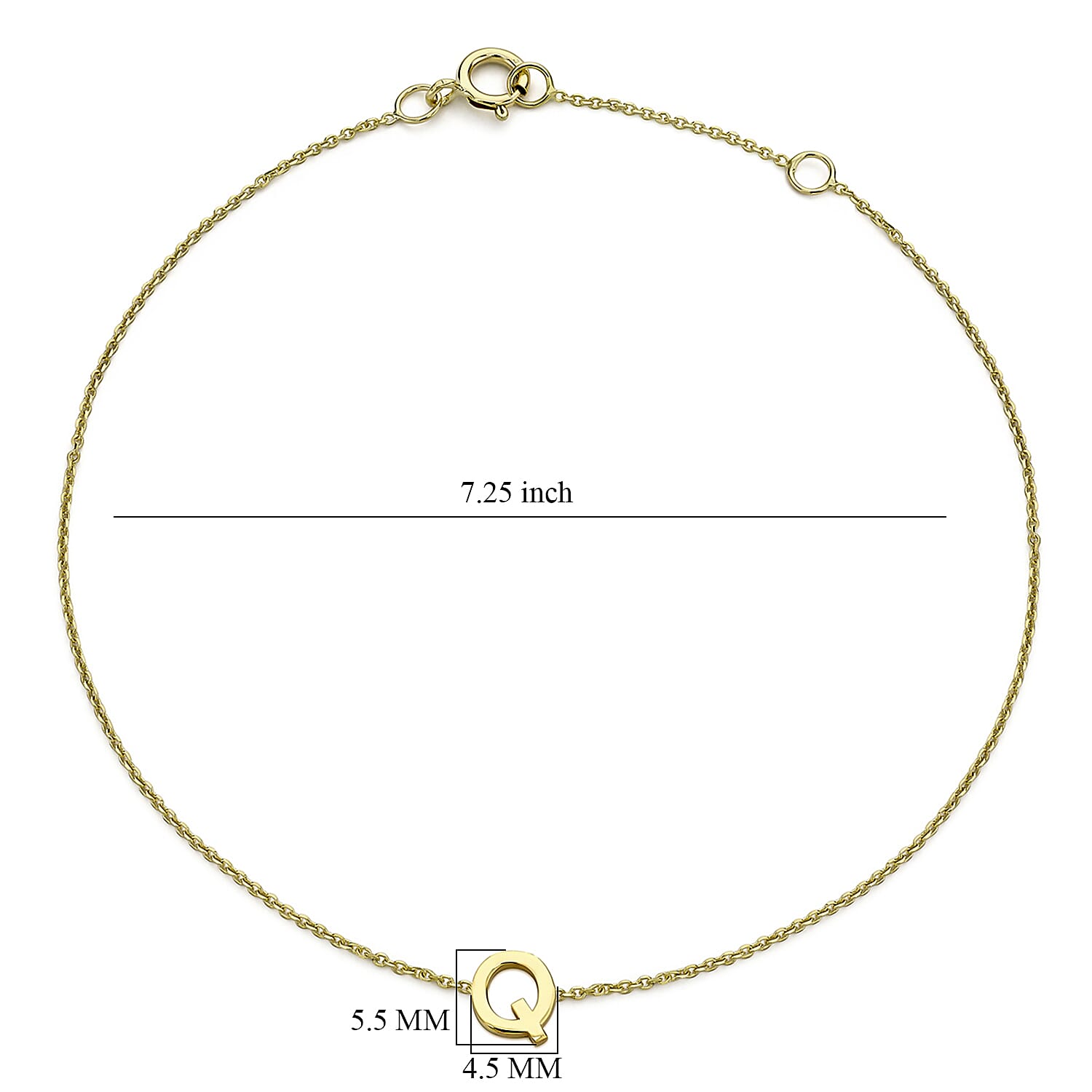 9K Yellow Gold 4.5mm X 5.5mm 'Q' Initial Adjustable Bracelet 6 to 7.2 Inch