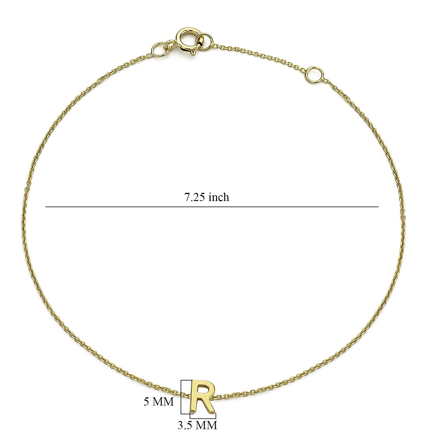 9K Yellow Gold 3.5mm X 5mm 'R' Initial Adjustable Bracelet 6 to 7.2 Inch