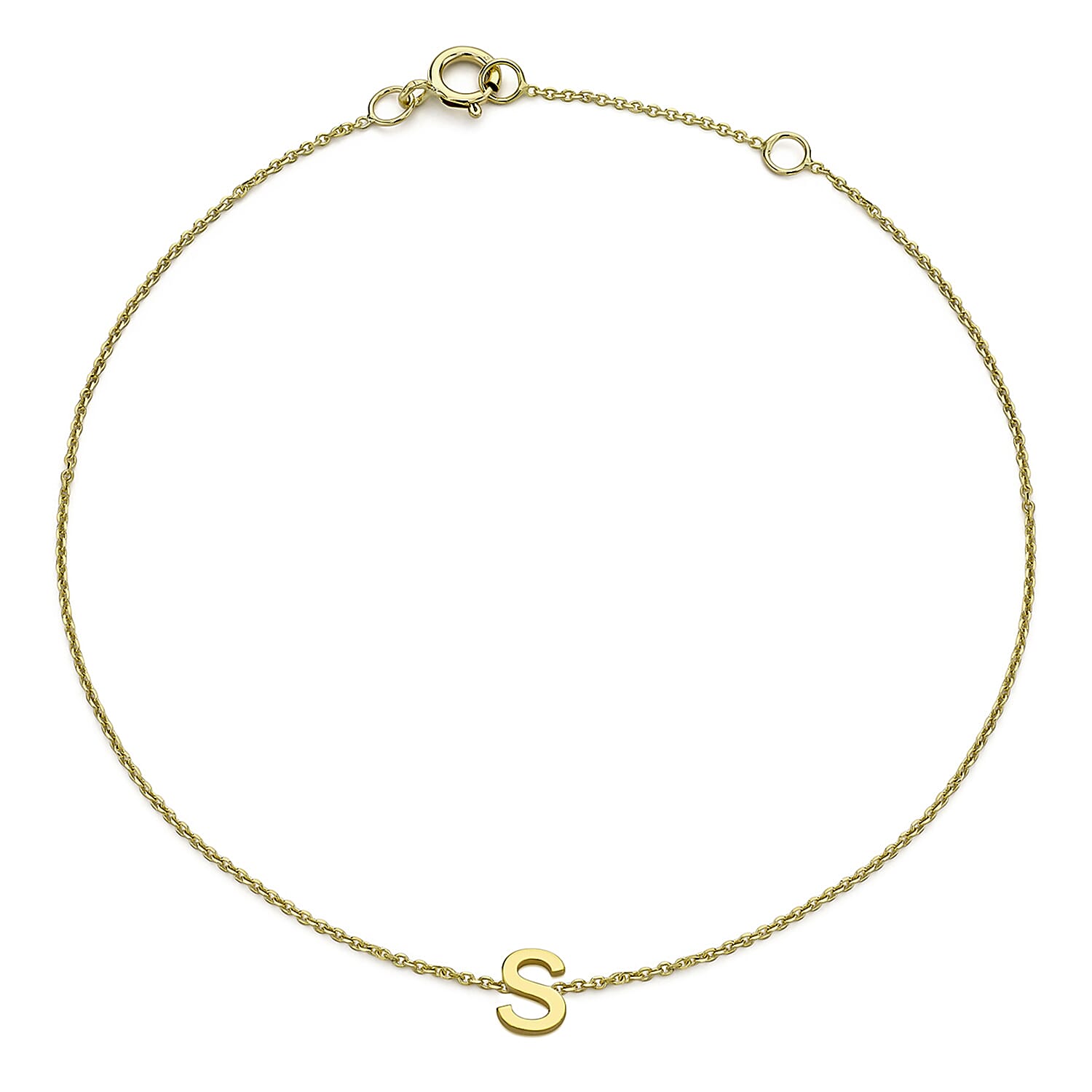 9K Yellow Gold 4mm X 5mm 'S' Initial Adjustable Bracelet 6 to 7.2 Inch