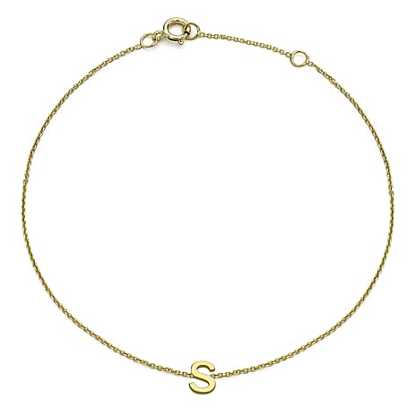 9K Yellow Gold 4mm X 5mm 'S' Initial Adjustable Bracelet 6 to 7.2 Inch