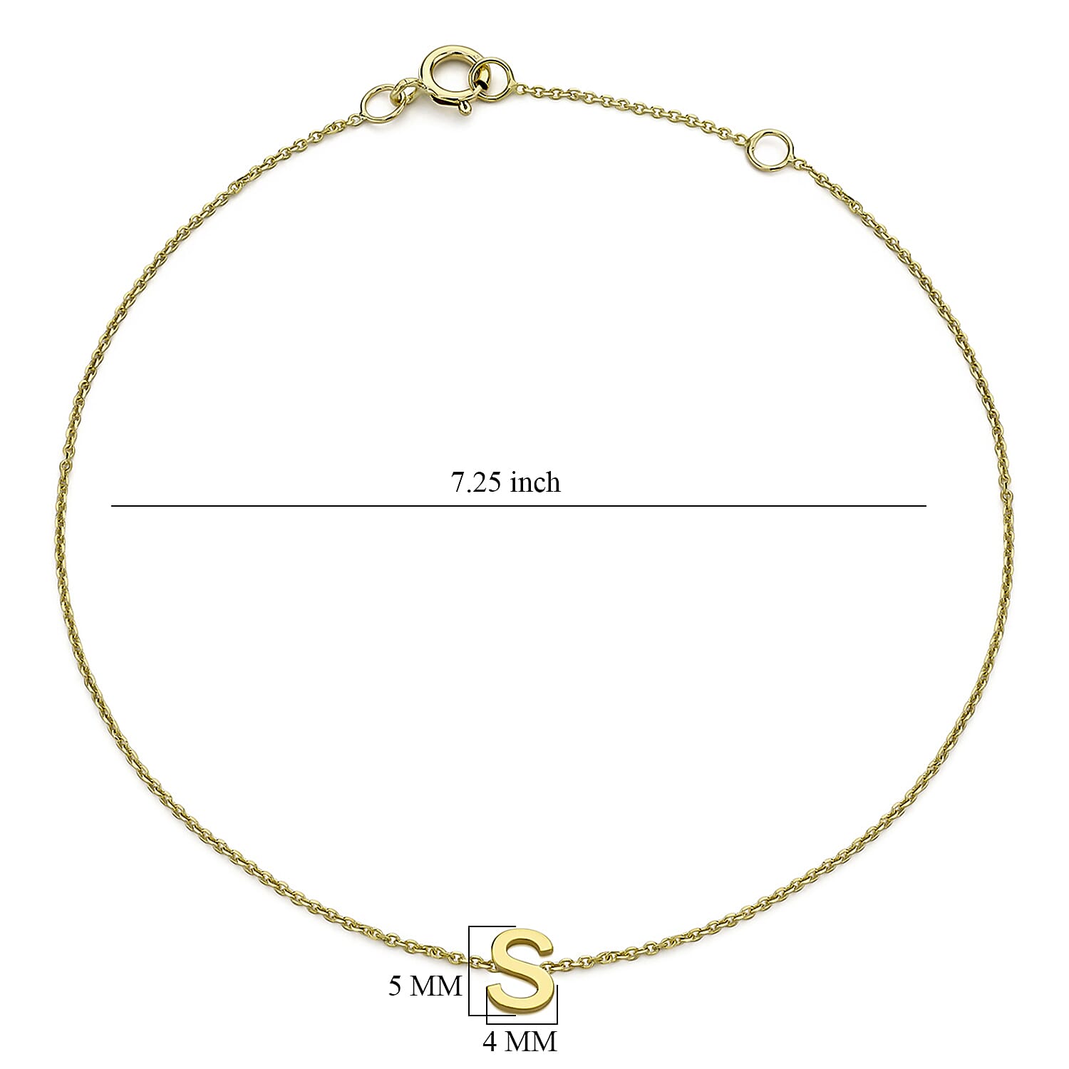 9K Yellow Gold 4mm X 5mm 'S' Initial Adjustable Bracelet 6 to 7.2 Inch
