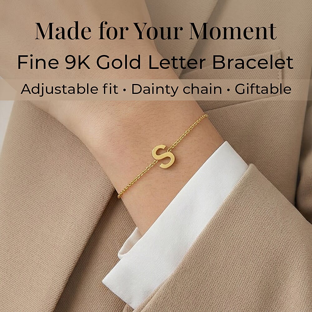 9K Yellow Gold 4mm X 5mm 'S' Initial Adjustable Bracelet 6 to 7.2 Inch