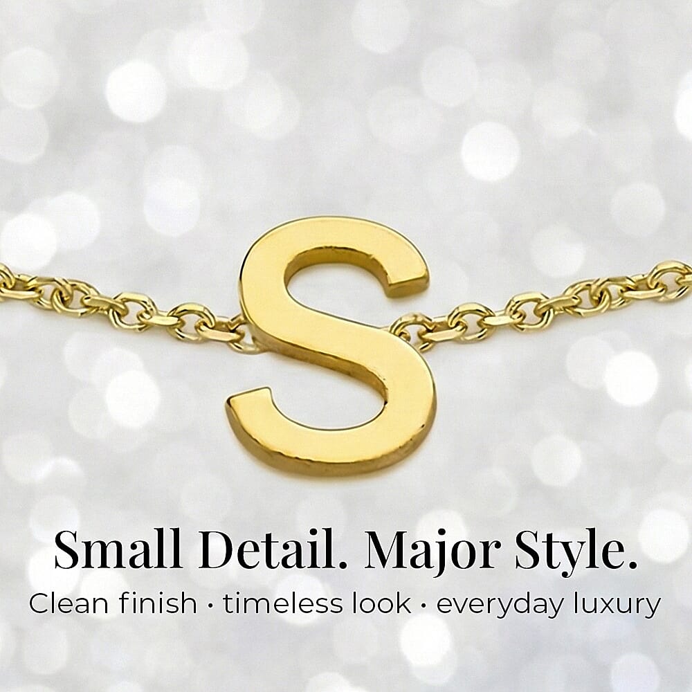 9K Yellow Gold 4mm X 5mm 'S' Initial Adjustable Bracelet 6 to 7.2 Inch