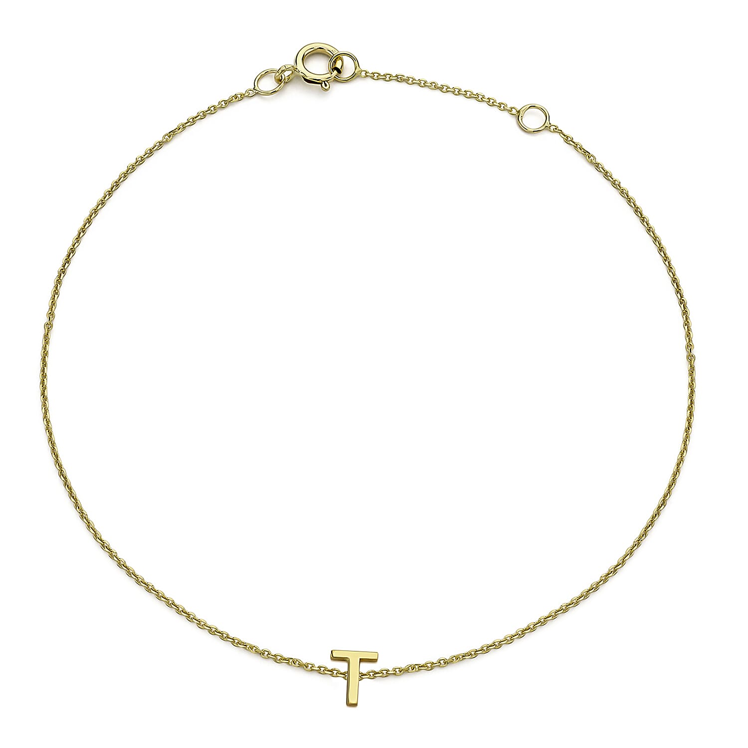 9K Yellow Gold 4mm X 5mm 'T' Initial Adjustable Bracelet 6 to 7.2 Inch