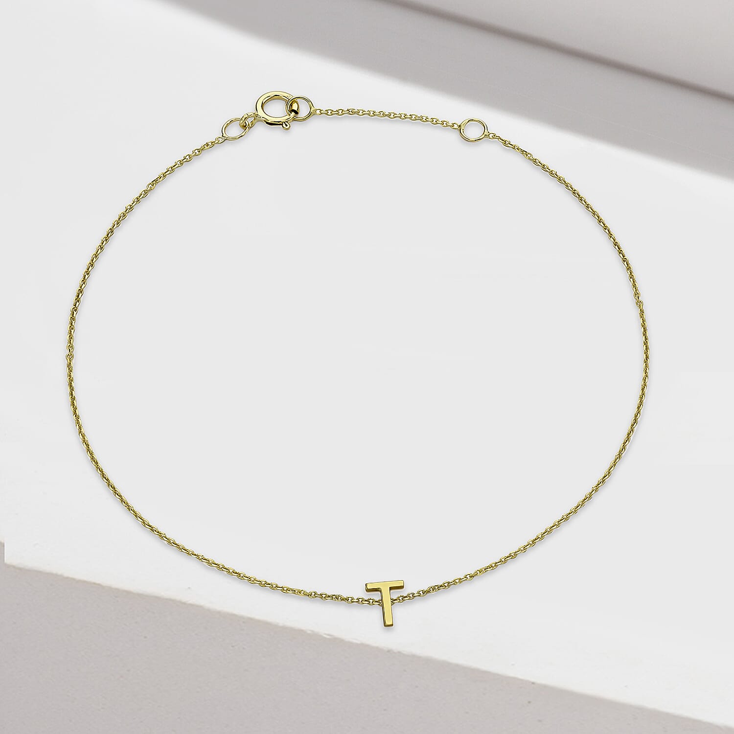 9K Yellow Gold 4mm X 5mm 'T' Initial Adjustable Bracelet 6 to 7.2 Inch
