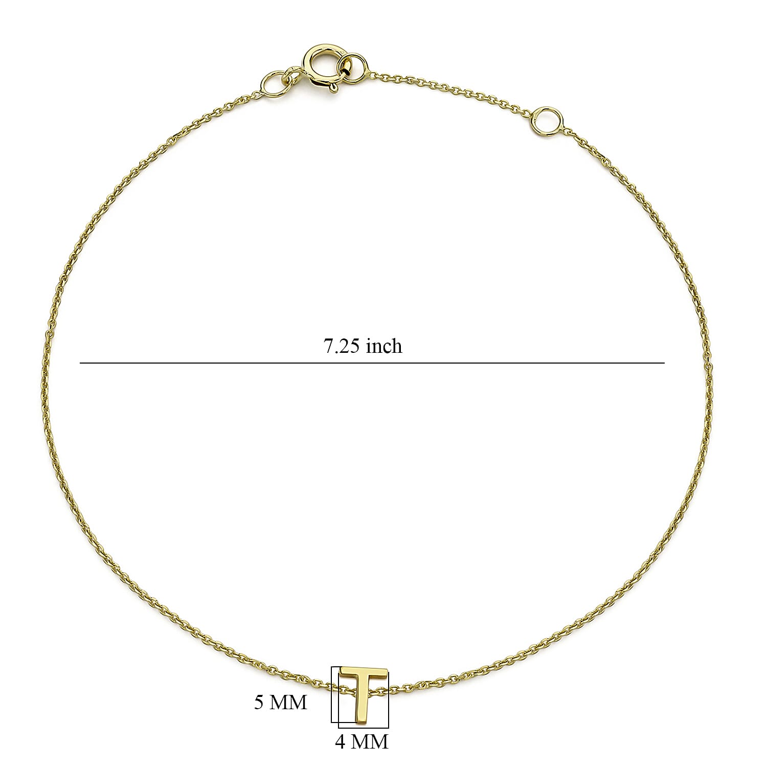 9K Yellow Gold 4mm X 5mm 'T' Initial Adjustable Bracelet 6 to 7.2 Inch