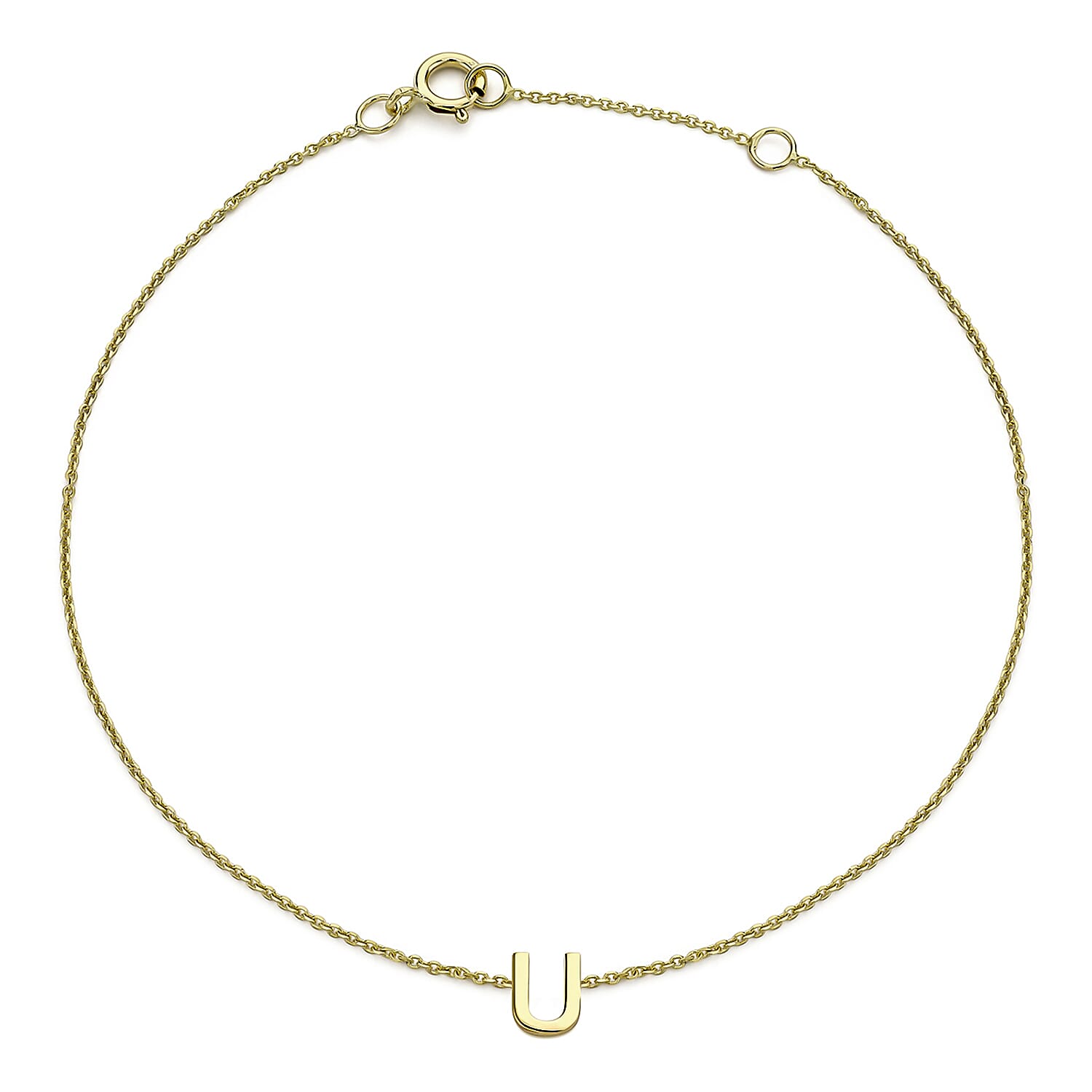 9K Yellow Gold 4mm X 5mm 'U' Initial Adjustable Bracelet 6 to 7.2 Inch