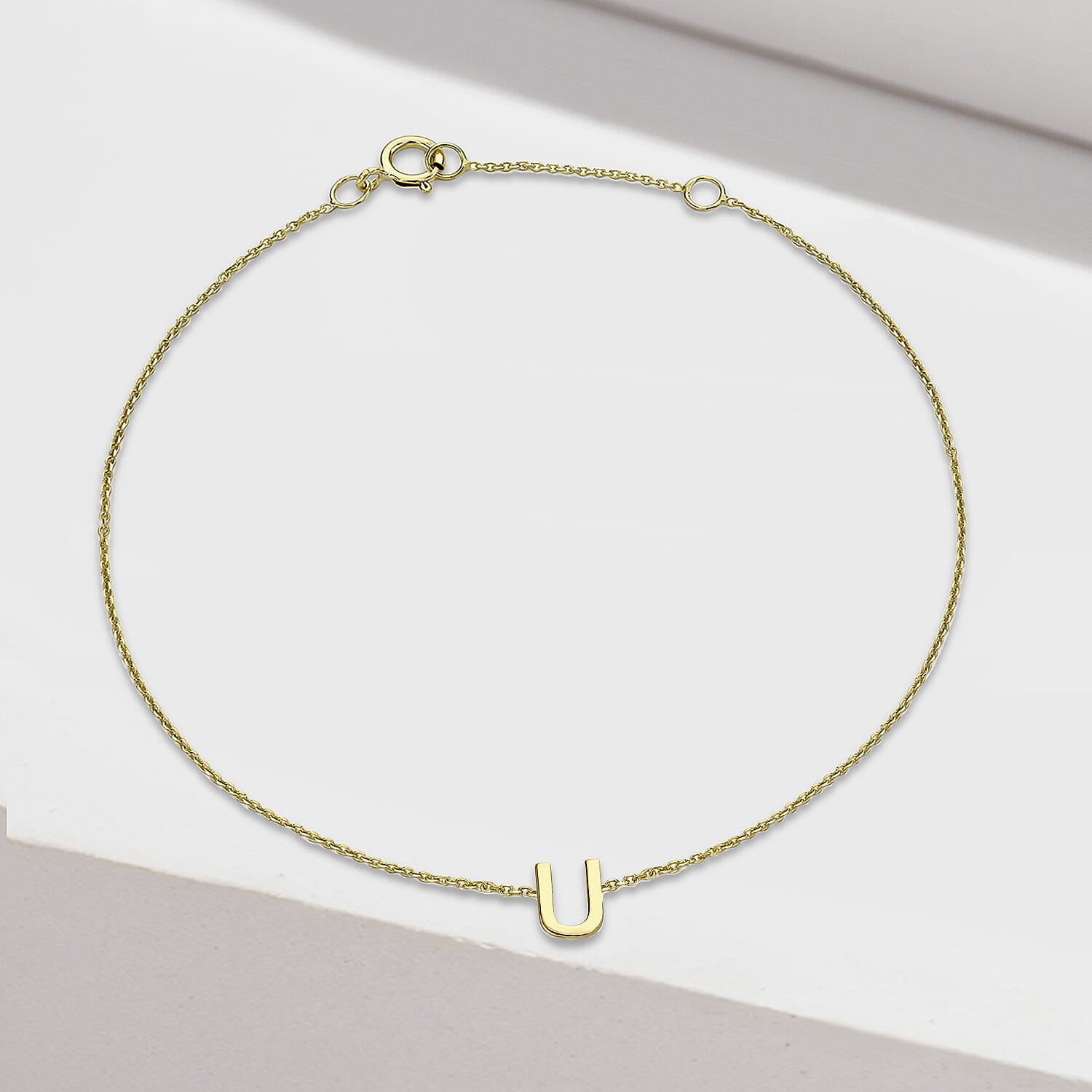 9K Yellow Gold 4mm X 5mm 'U' Initial Adjustable Bracelet 6 to 7.2 Inch