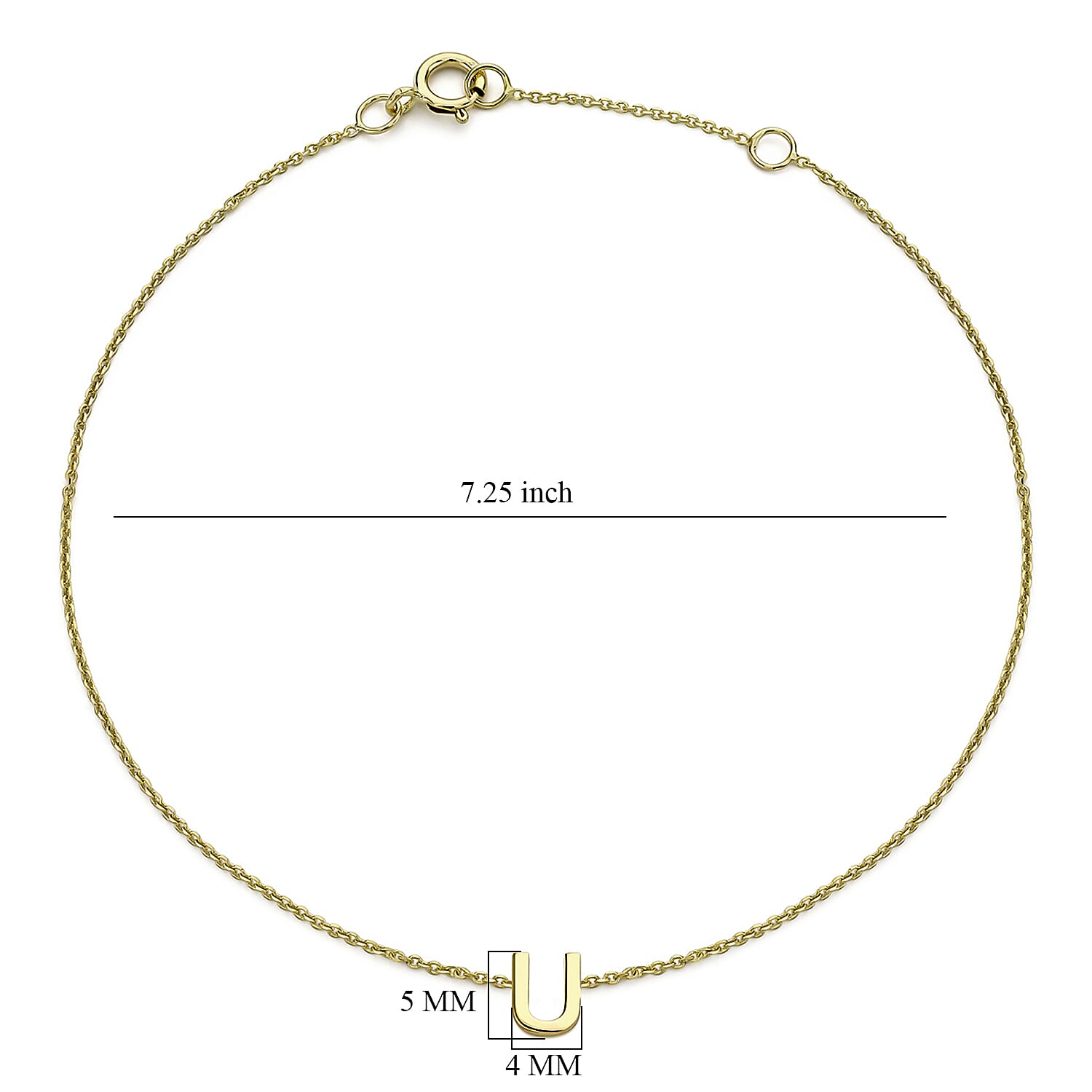 9K Yellow Gold 4mm X 5mm 'U' Initial Adjustable Bracelet 6 to 7.2 Inch