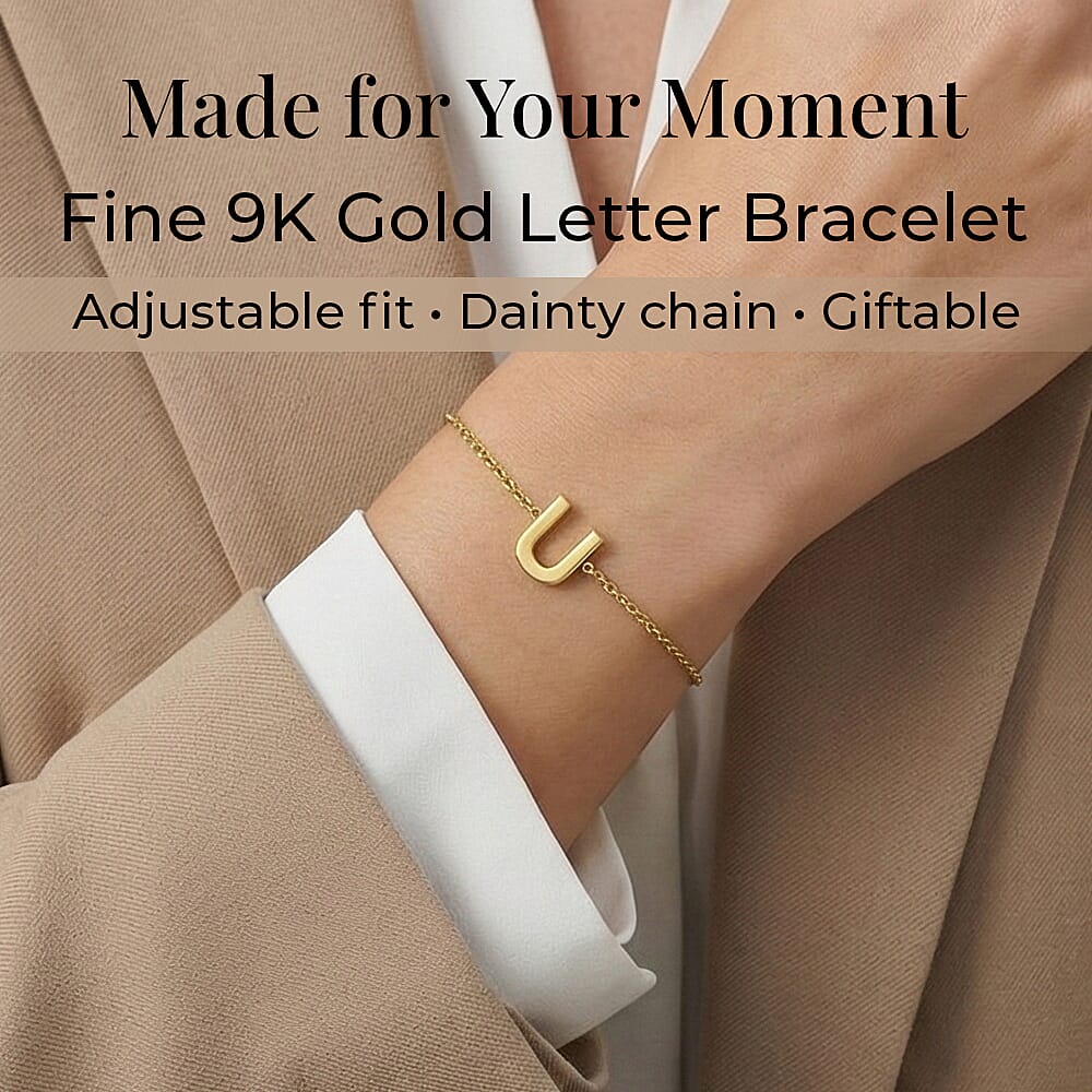 9K Yellow Gold 4mm X 5mm 'U' Initial Adjustable Bracelet 6 to 7.2 Inch