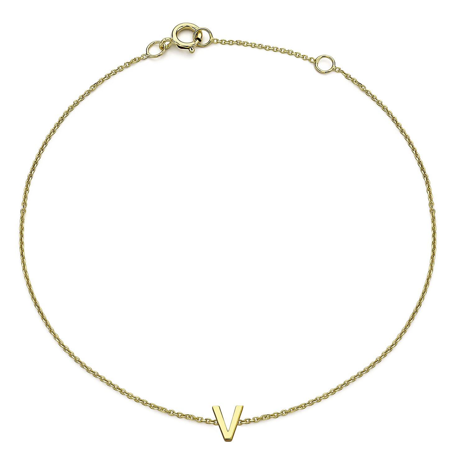 9K Yellow Gold 4mm X 5mm 'V' Initial Adjustable Bracelet 6 to 7.2 Inch