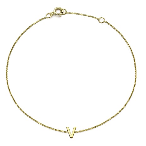 9K Yellow Gold 4mm X 5mm 'V' Initial Adjustable Bracelet 6 to 7.2 Inch
