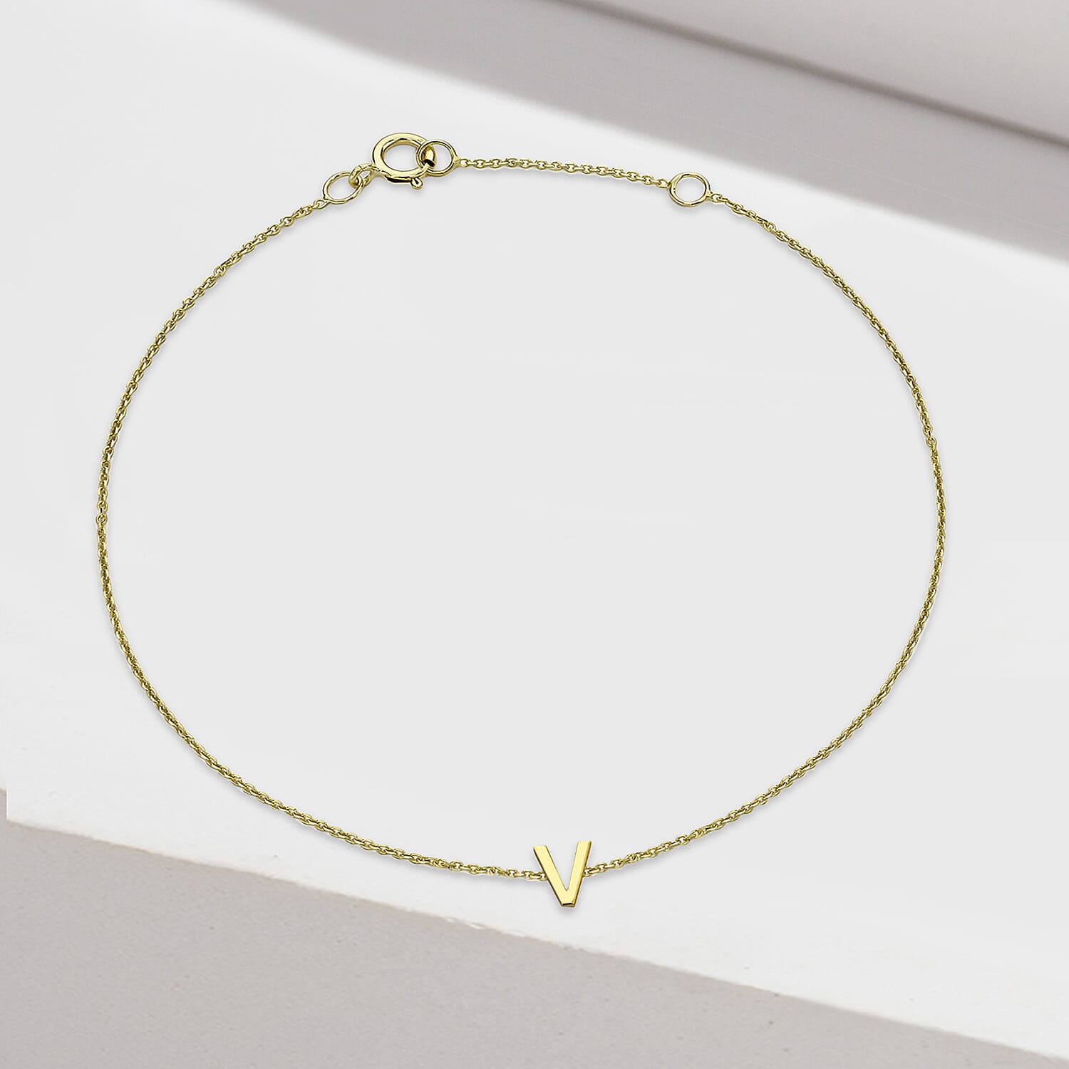 9K Yellow Gold 4mm X 5mm 'V' Initial Adjustable Bracelet 6 to 7.2 Inch