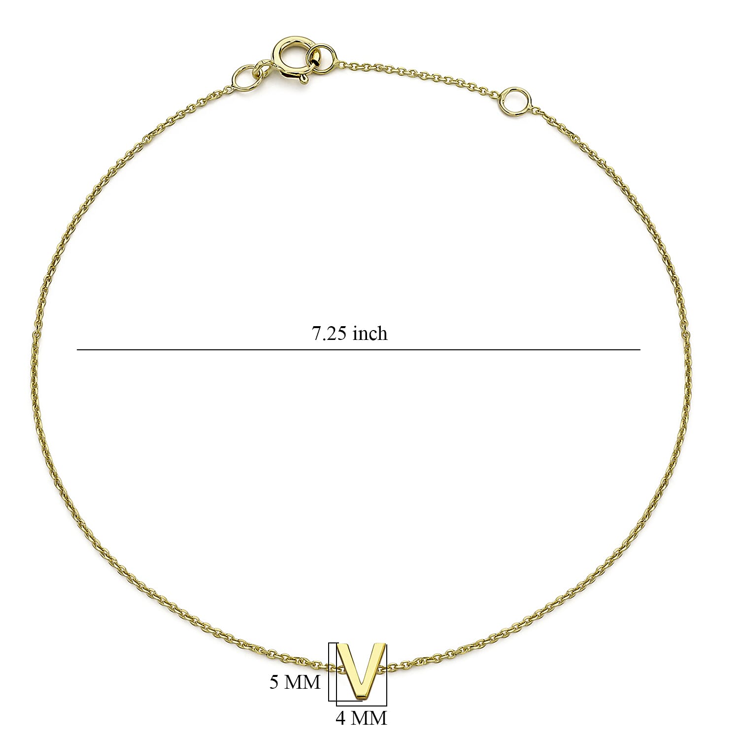 9K Yellow Gold 4mm X 5mm 'V' Initial Adjustable Bracelet 6 to 7.2 Inch