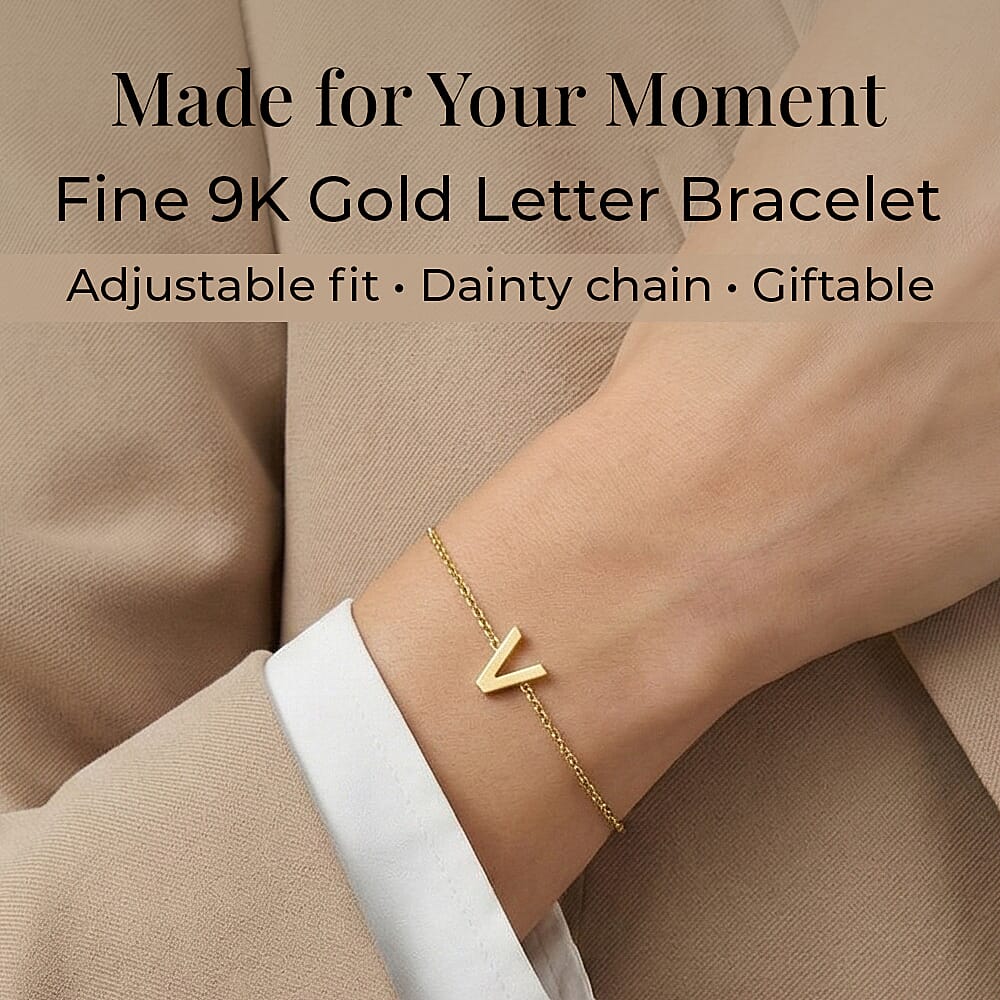 9K Yellow Gold 4mm X 5mm 'V' Initial Adjustable Bracelet 6 to 7.2 Inch