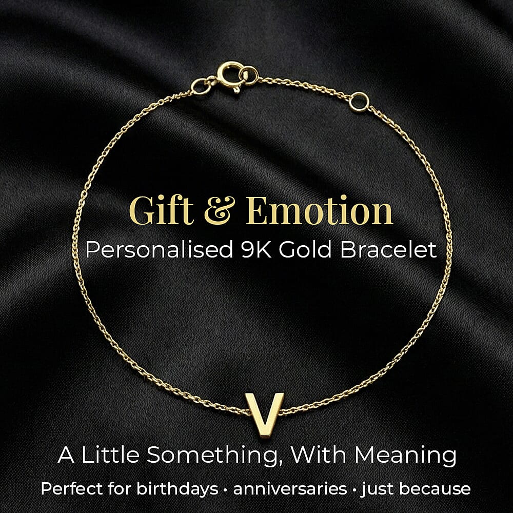 9K Yellow Gold 4mm X 5mm 'V' Initial Adjustable Bracelet 6 to 7.2 Inch