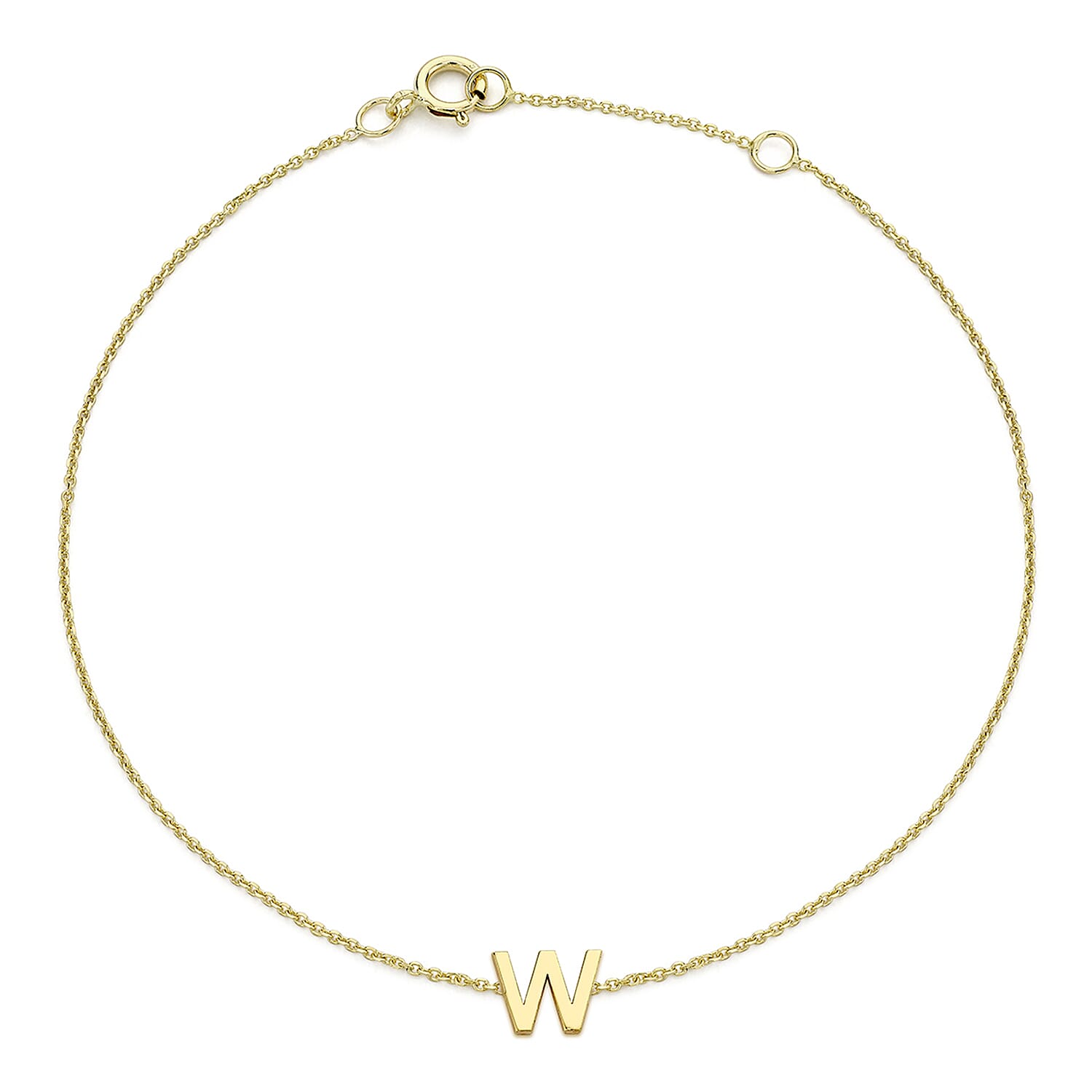 9K Yellow Gold 6mm X 5mm 'W' Initial Adjustable Bracelet 6 to 7.2 Inch