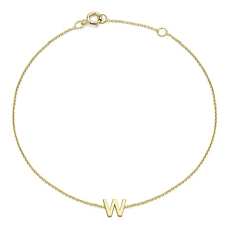 9K Yellow Gold 6mm X 5mm 'W' Initial Adjustable Bracelet 6 to 7.2 Inch