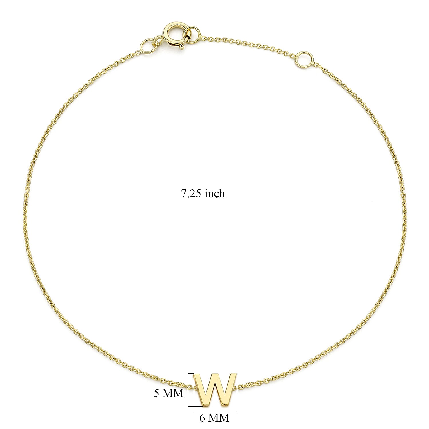 9K Yellow Gold 6mm X 5mm 'W' Initial Adjustable Bracelet 6 to 7.2 Inch