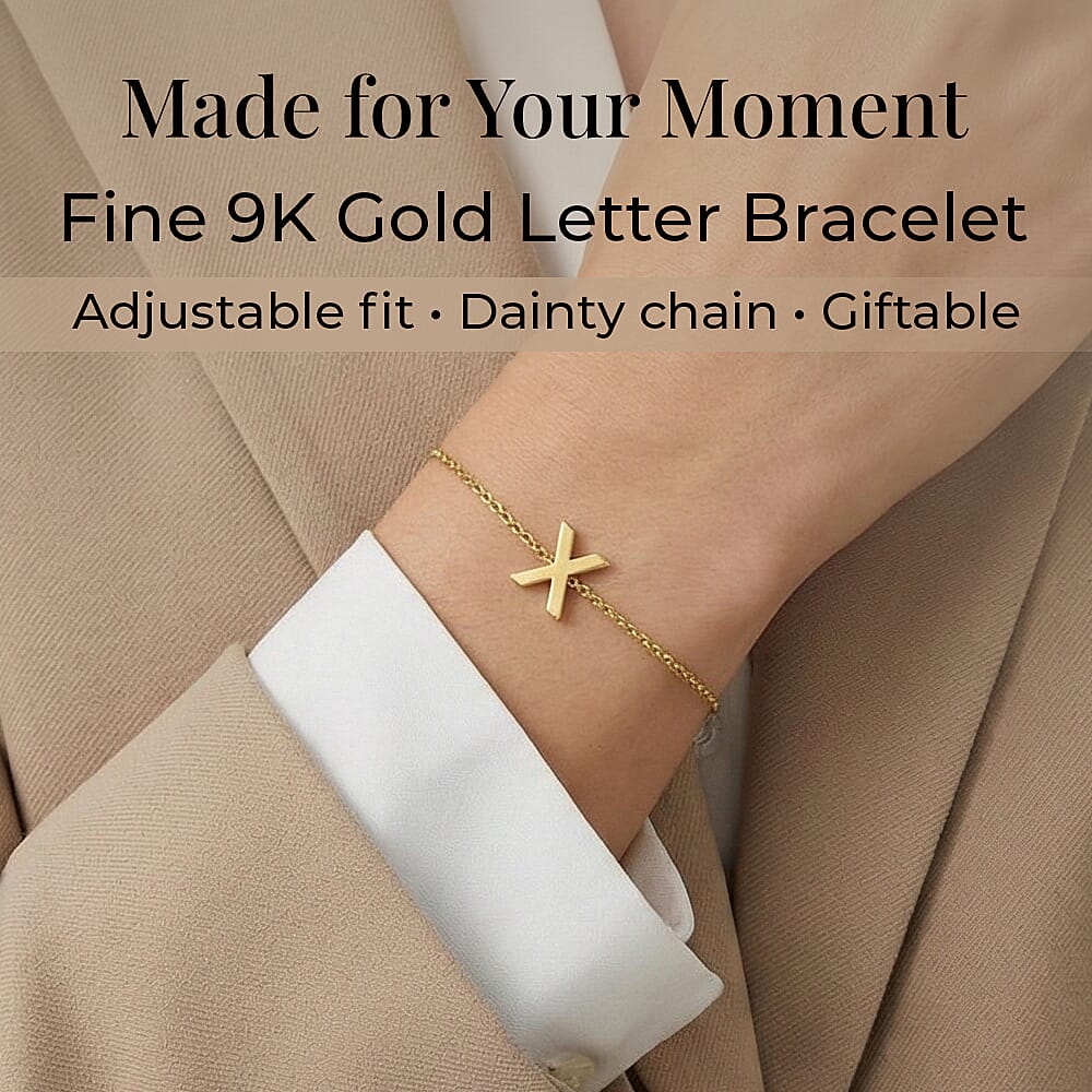 9K Yellow Gold 4mm X 5mm 'X' Initial Adjustable Bracelet 6 to 7.2 Inch