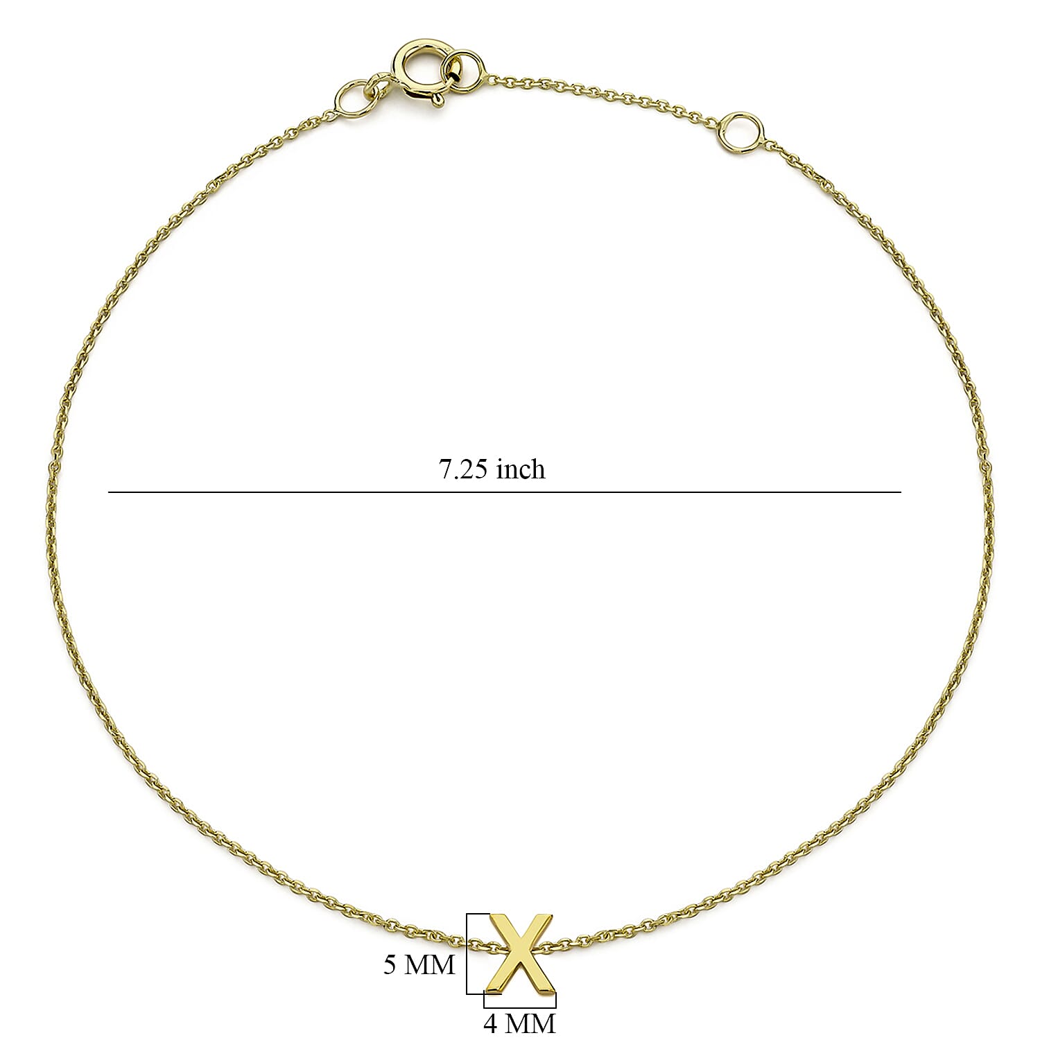 9K Yellow Gold 4mm X 5mm 'X' Initial Adjustable Bracelet 6 to 7.2 Inch