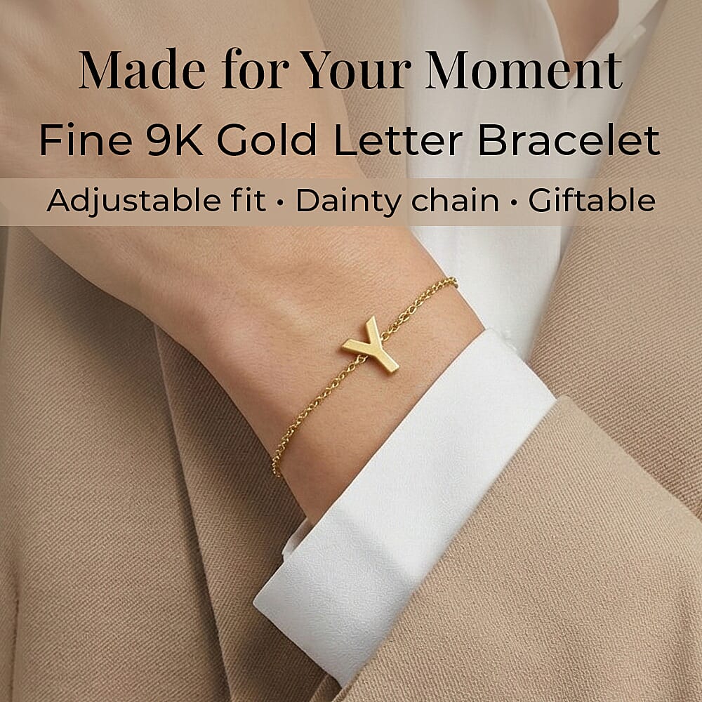 9K Yellow Gold 4.5mm X 4.5mm 'Y' Initial Adjustable Bracelet 6 to 7.2 Inch