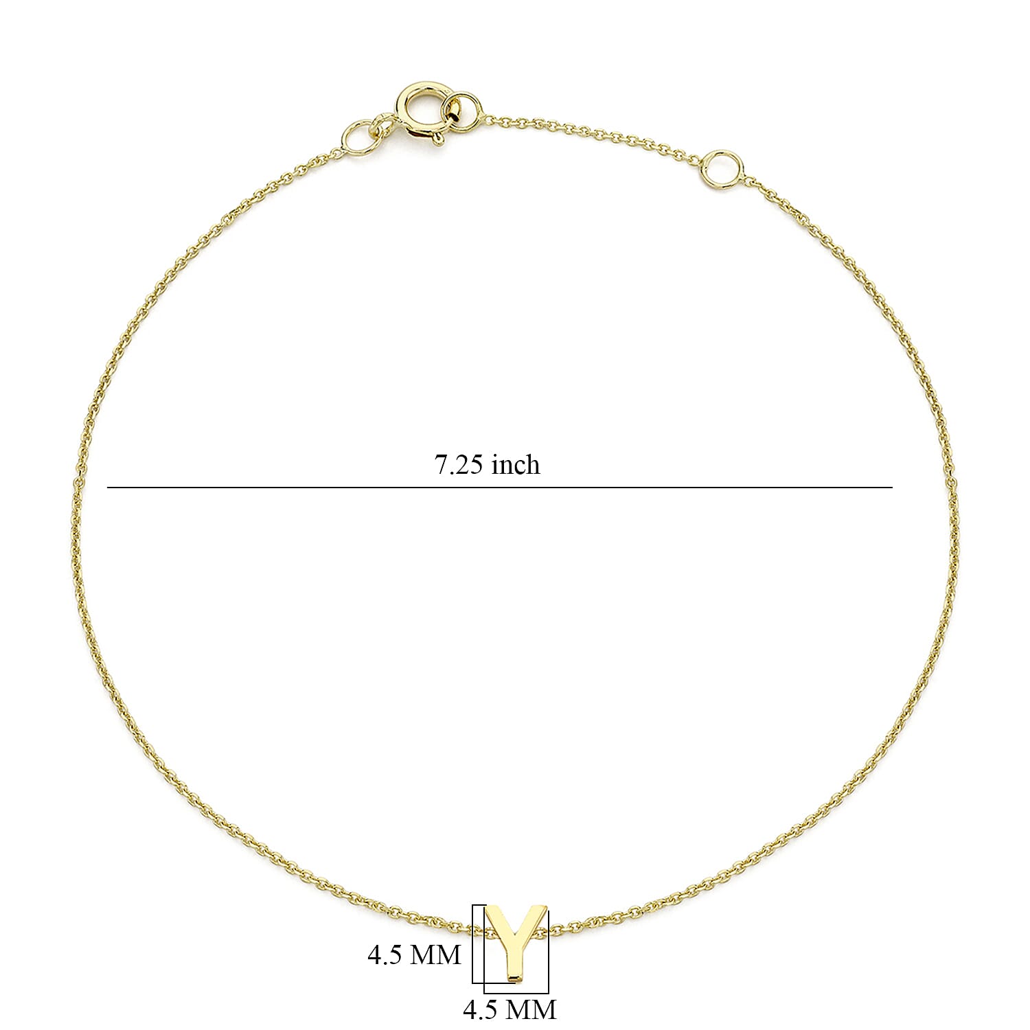 9K Yellow Gold 4.5mm X 4.5mm 'Y' Initial Adjustable Bracelet 6 to 7.2 Inch