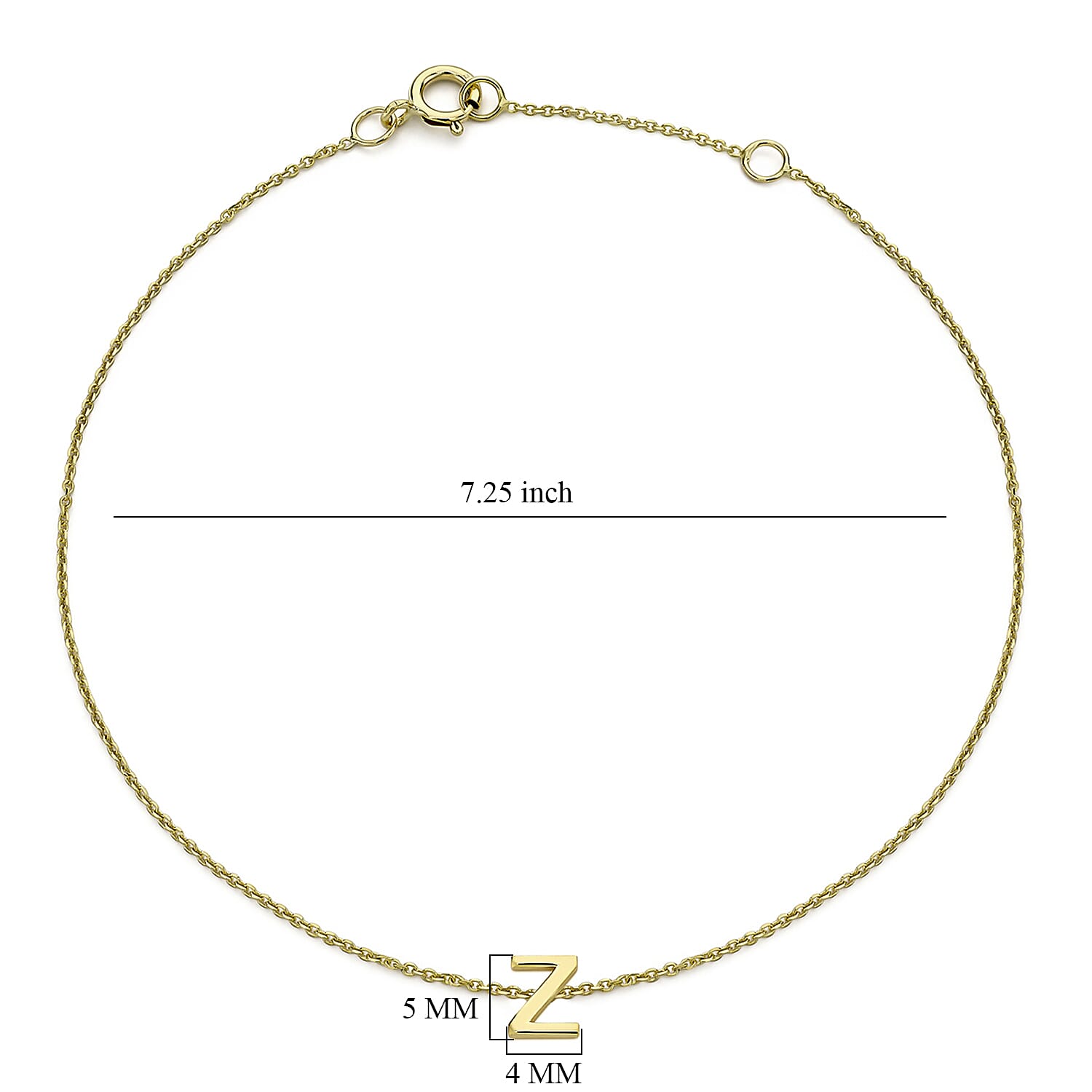 9K Yellow Gold 4mm X 5mm 'Z' Initial Adjustable Bracelet 6 to 7.2 Inch