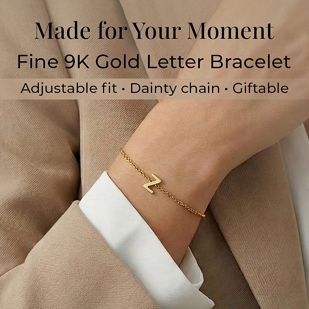 9K Yellow Gold 4mm X 5mm 'Z' Initial Adjustable Bracelet 6 to 7.2 Inch