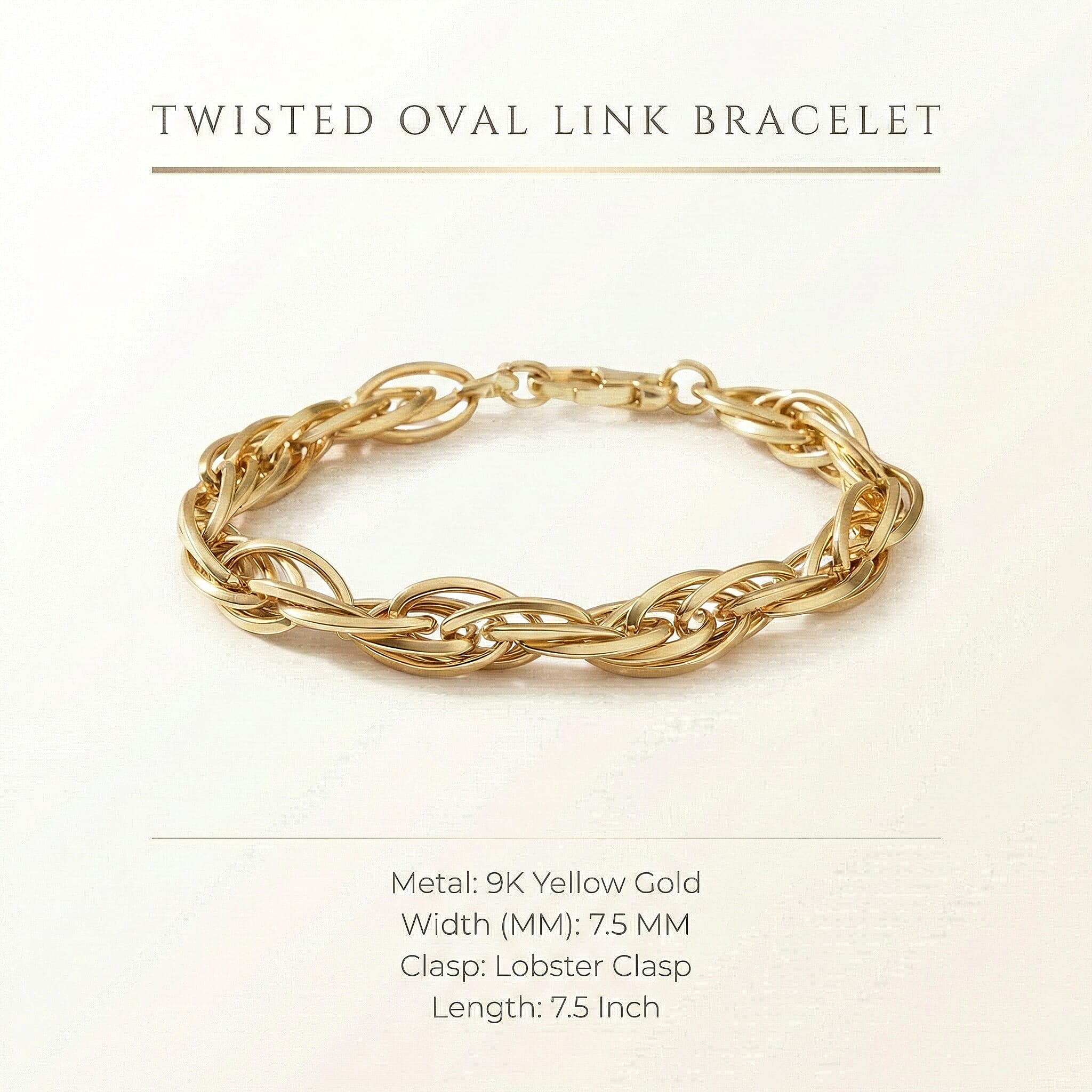 9K Yellow Gold Twisted Oval Link Bracelet 7.5 Inch
