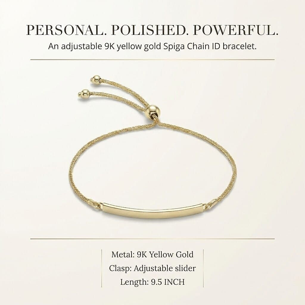 9K Yellow Gold 3mm X 34.5mm Spiga Chain Adjustable Slider Id Bracelet 9.5 Inch