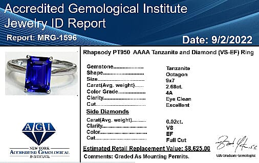 RHAPSODY 950 Platinum AGI Certified AAAA Tanzanite and Diamond (VS-E-F) Ring 2.70 Ct