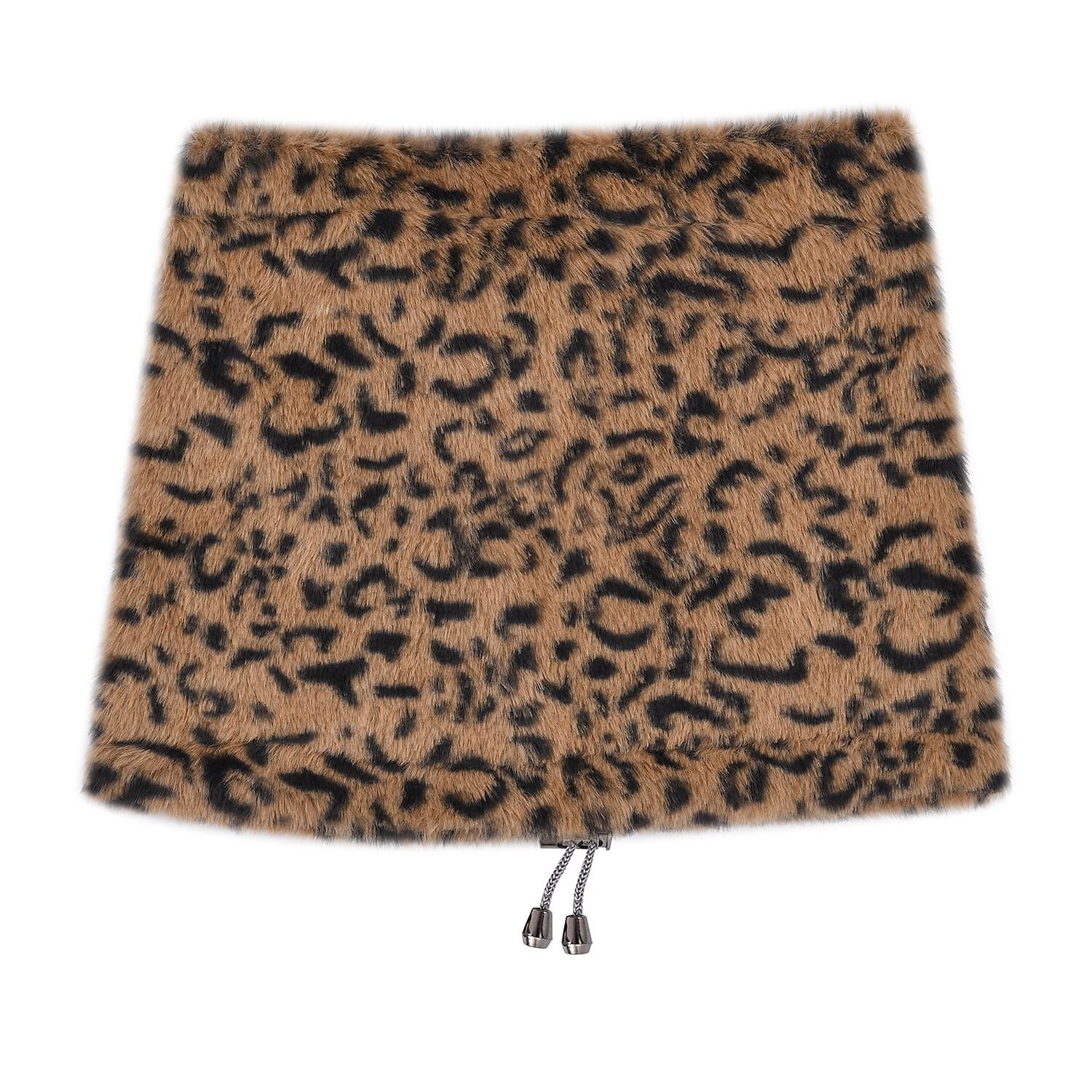 2 in 1 Faux Fur Leopard Print Drawstring Snood - Brown