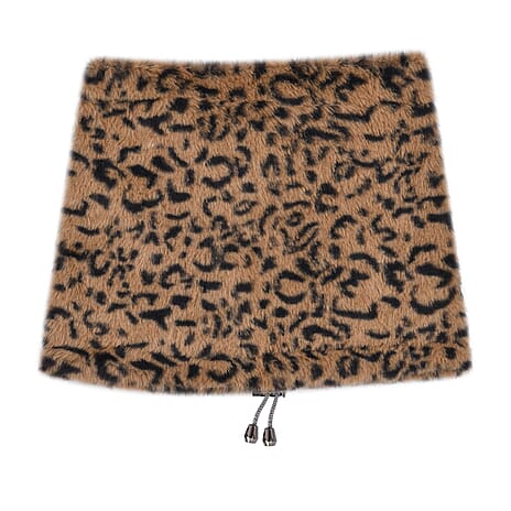 2 in 1 Faux Fur Leopard Print Drawstring Snood - Brown