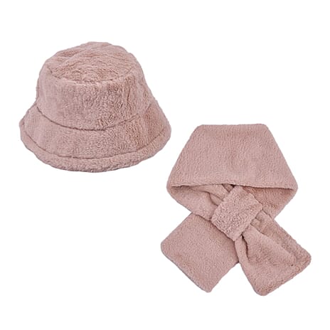 Set of 2 - Faux Fur Bucket Hat and Scarf - Pink