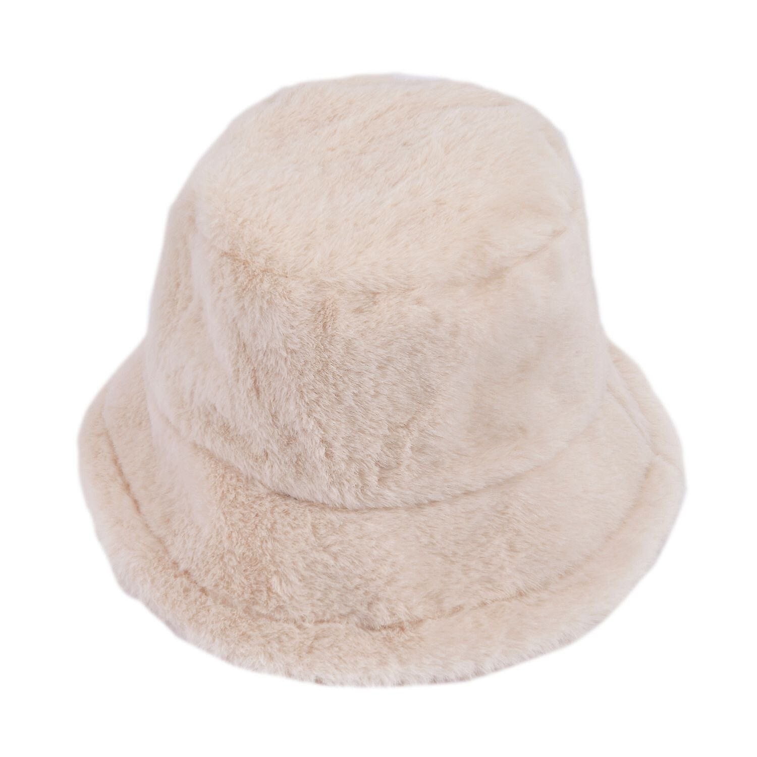 Set of 2 - Faux Fur Bucket Hat and Scarf - Beige