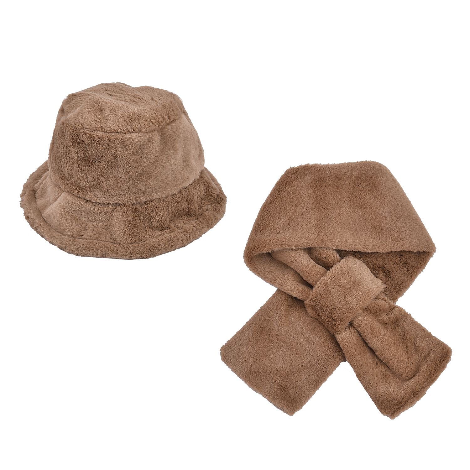 Set of 2 - Faux Fur Bucket Hat and Scarf - Khaki