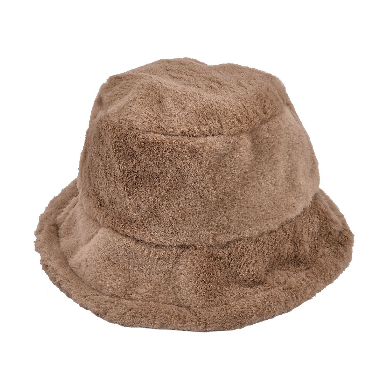 Set of 2 - Faux Fur Bucket Hat and Scarf - Khaki