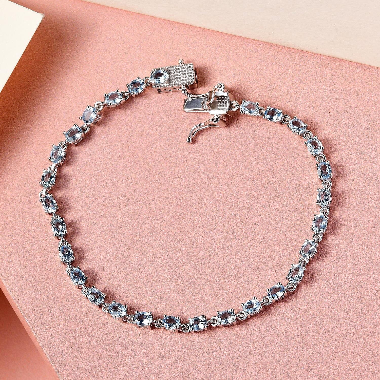 Santamaria Aquamarine Bracelet (Size - 7) in Platinum Overlay Sterling Silver 4.36 Ct, Silver Wt. 6.65 Gms.