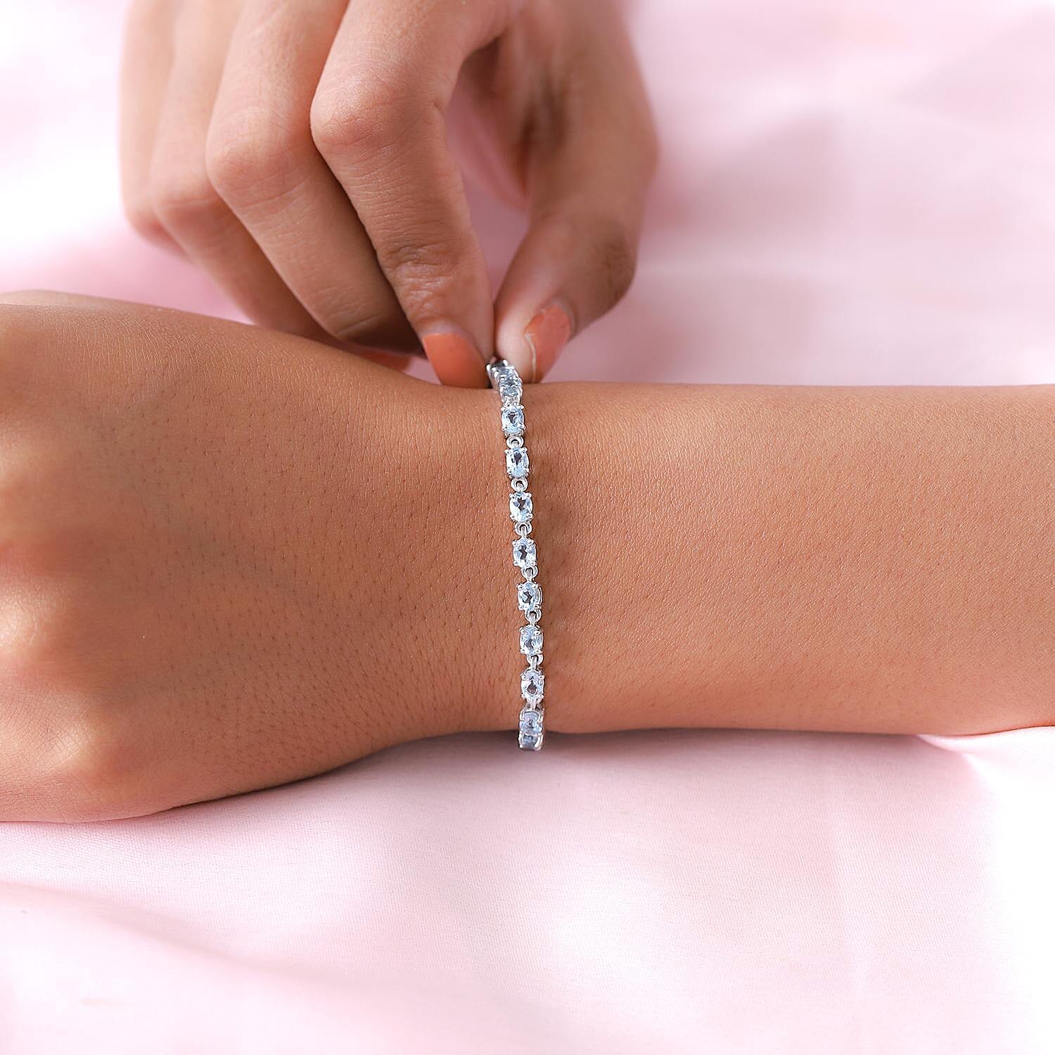 Santamaria Aquamarine Bracelet (Size - 7) in Platinum Overlay Sterling Silver 4.36 Ct, Silver Wt. 6.65 Gms.