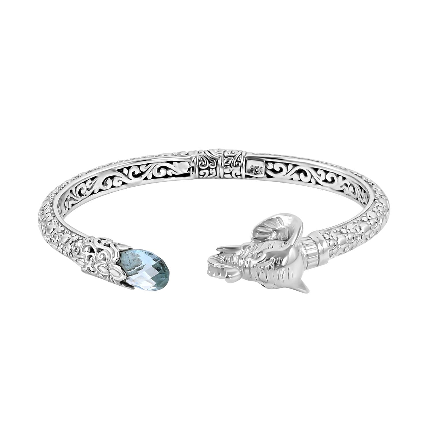 Royal Bali Collection - London Blue Topaz Elephant Bangle (Size - 7.25) in Sterling Silver 1 Ct, Silver Wt. 27.93 Gms