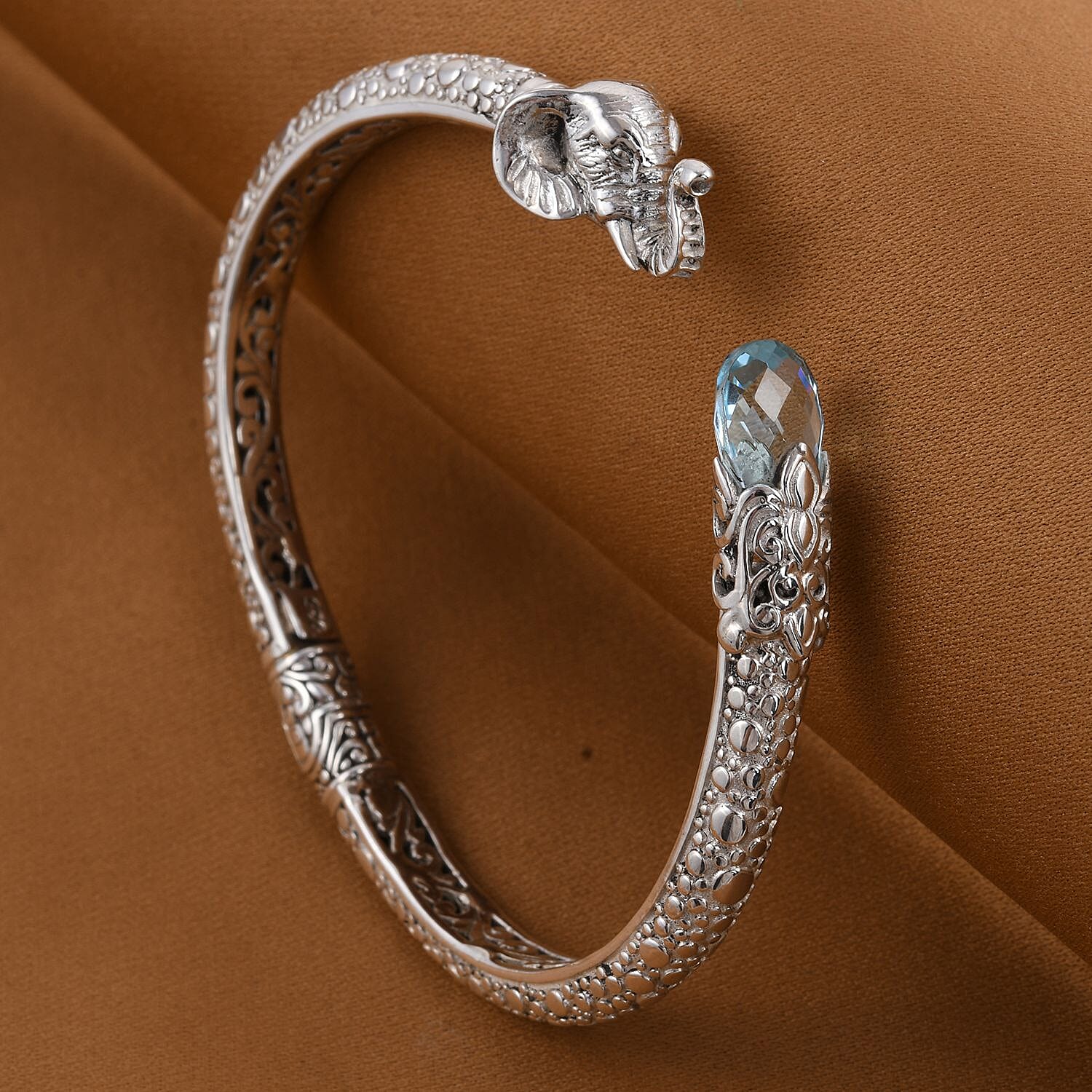 Royal Bali Collection - London Blue Topaz Elephant Bangle (Size - 7.25) in Sterling Silver 1 Ct, Silver Wt. 27.93 Gms