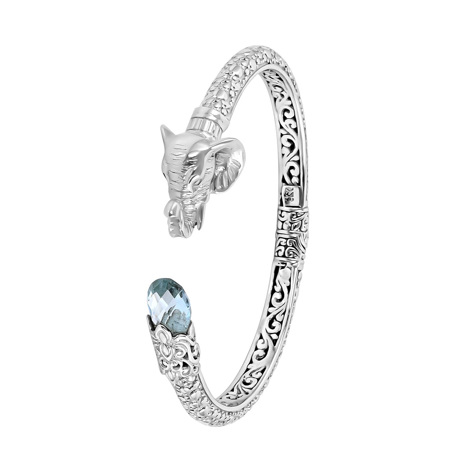 Royal Bali Collection - London Blue Topaz Elephant Bangle (Size - 7.25) in Sterling Silver 1 Ct, Silver Wt. 27.93 Gms