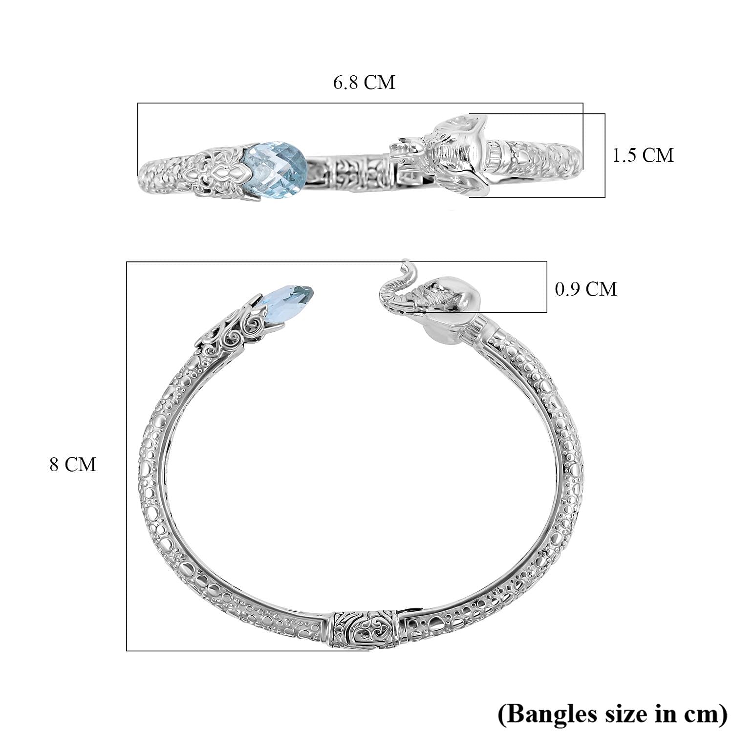 Royal Bali Collection - London Blue Topaz Elephant Bangle (Size - 7.25) in Sterling Silver 1 Ct, Silver Wt. 27.93 Gms