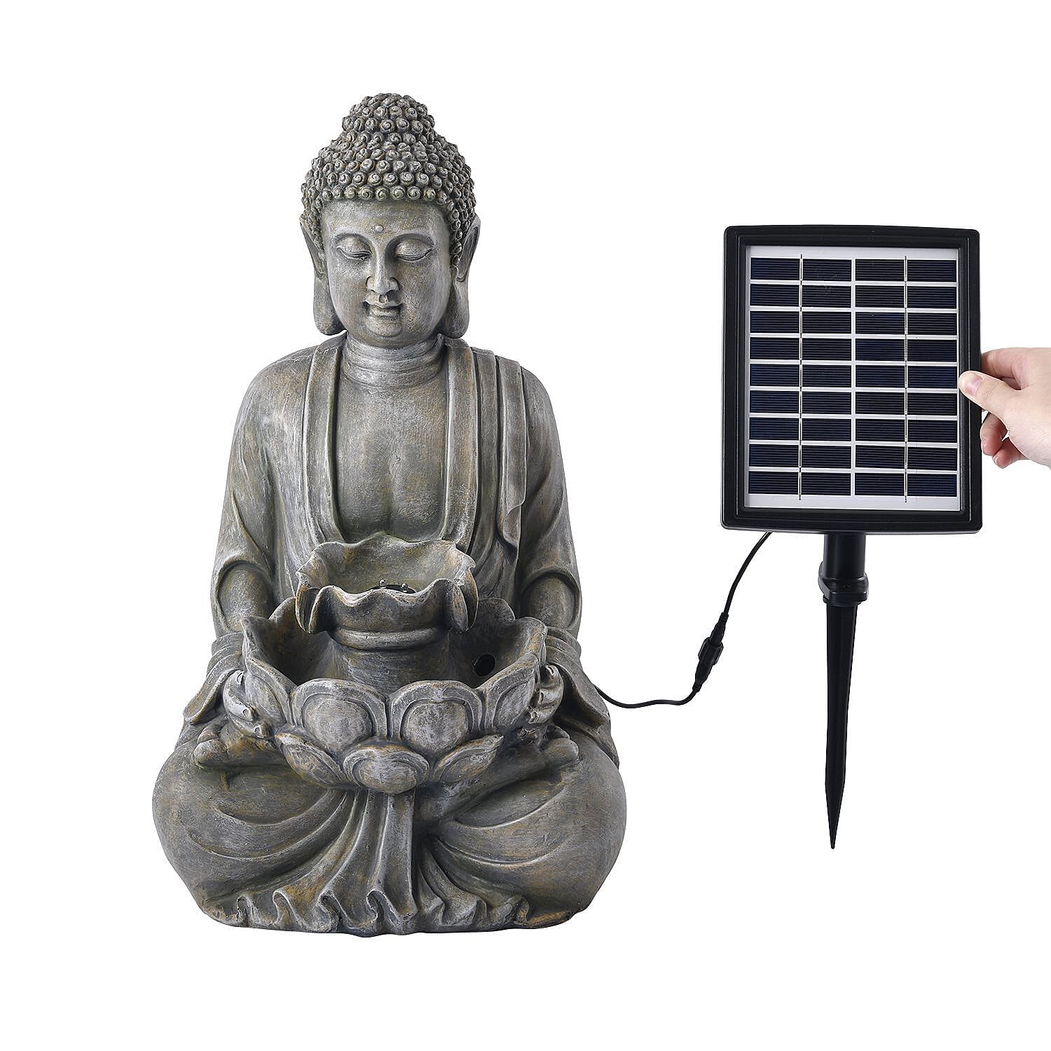 Indoor/Outdoor Solar Buddha with Lotus Flower Fountain & LED Light (Size 48x27x23 cm) - Grey