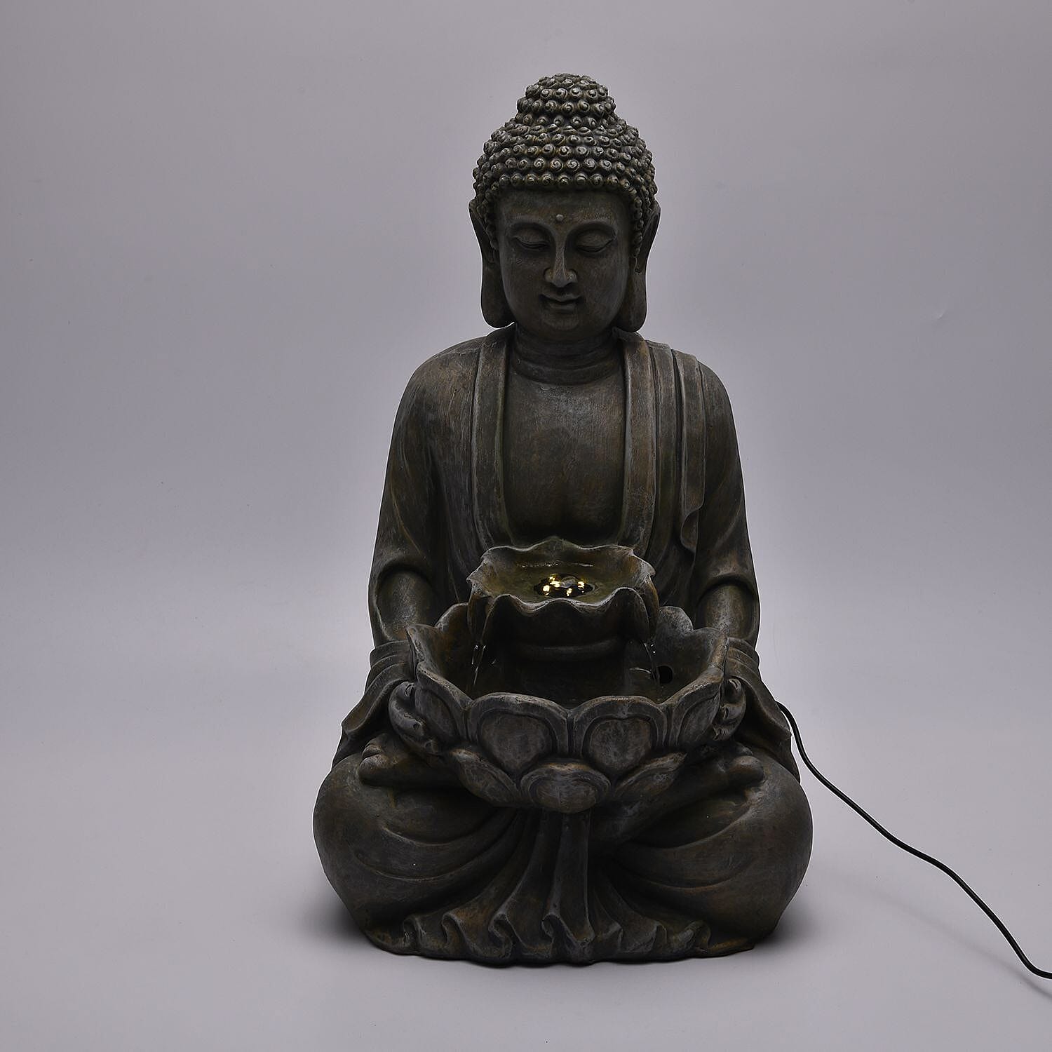 Indoor/Outdoor Solar Buddha with Lotus Flower Fountain & LED Light (Size 48x27x23 cm) - Grey