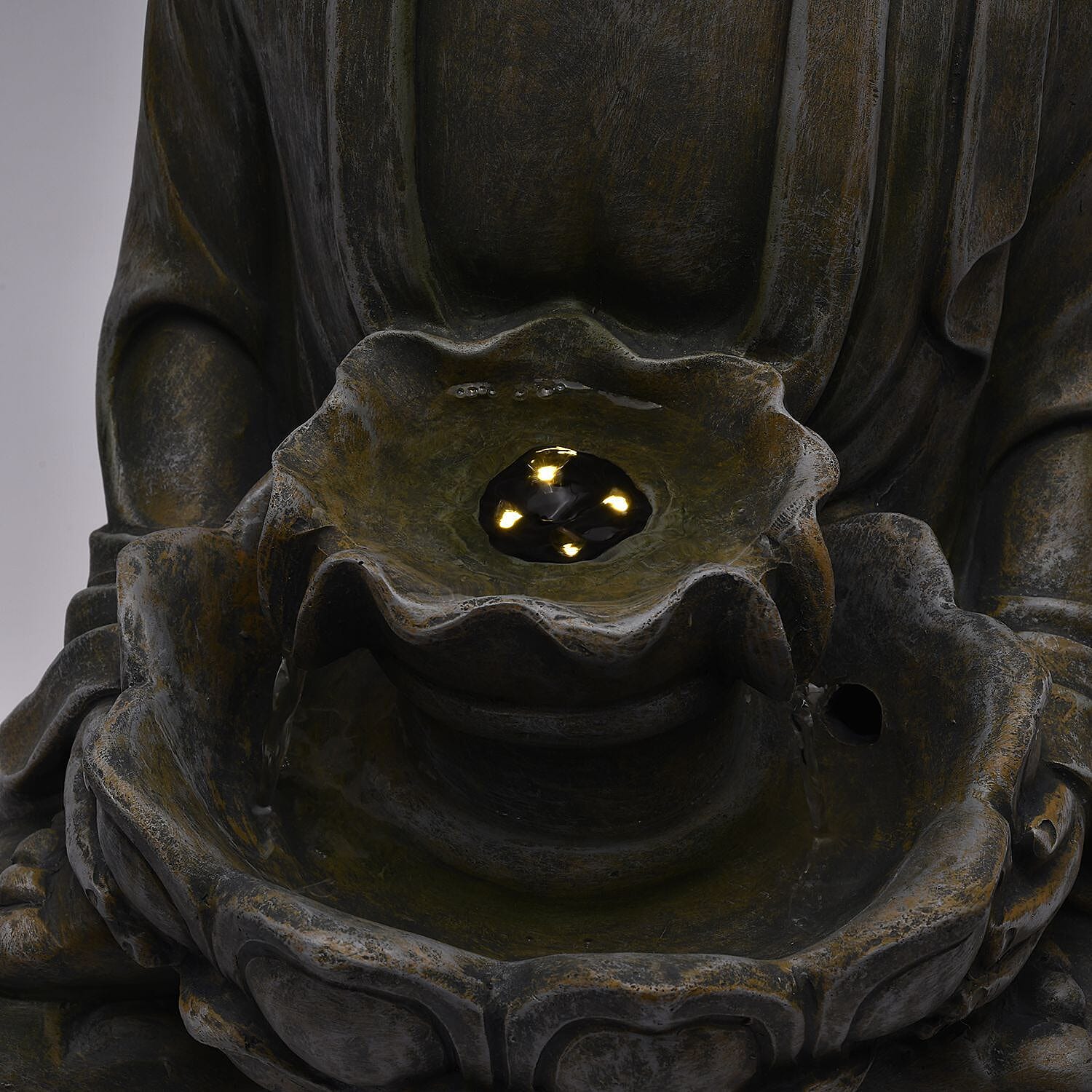 Indoor/Outdoor Solar Buddha with Lotus Flower Fountain & LED Light (Size 48x27x23 cm) - Grey