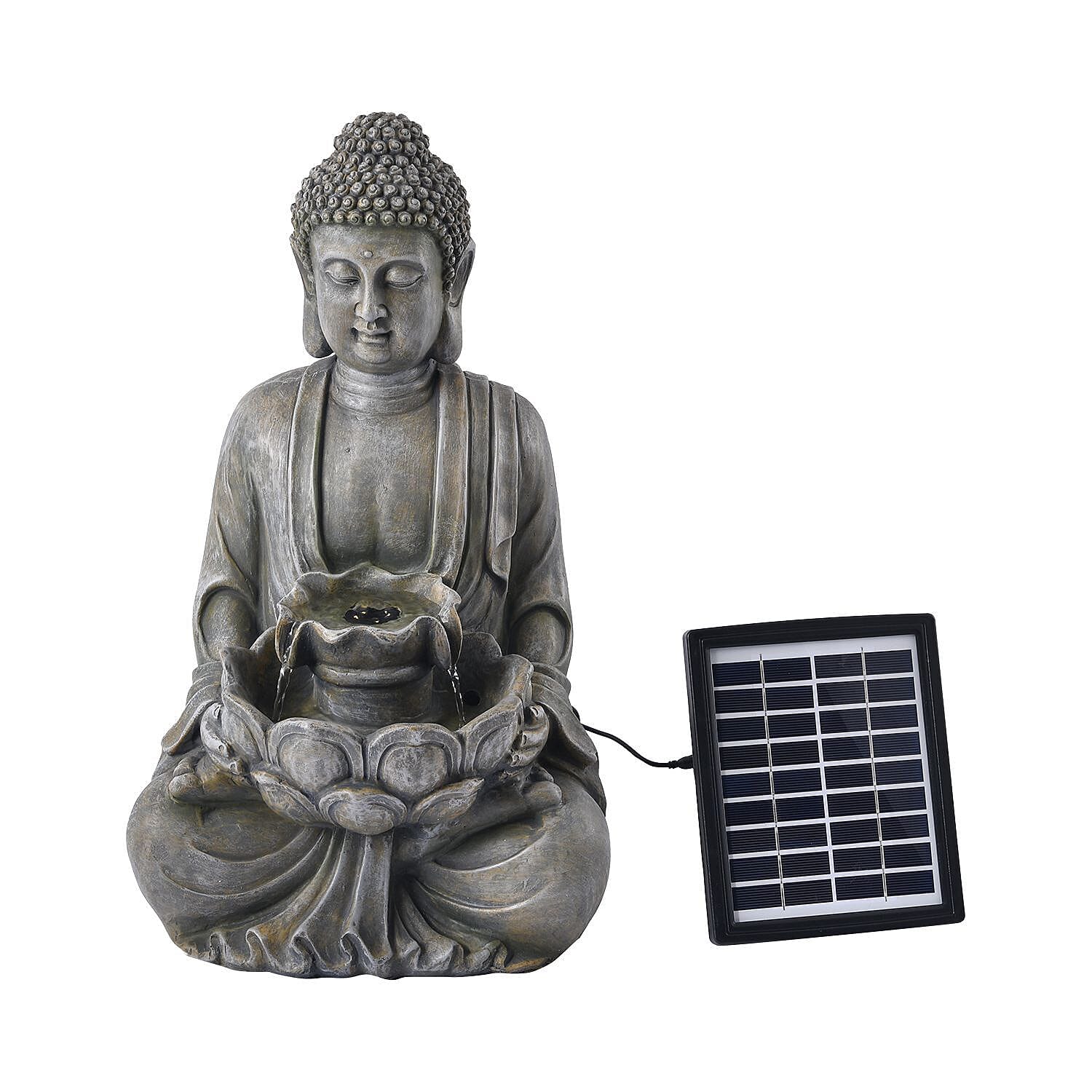Indoor/Outdoor Solar Buddha with Lotus Flower Fountain & LED Light (Size 48x27x23 cm) - Grey
